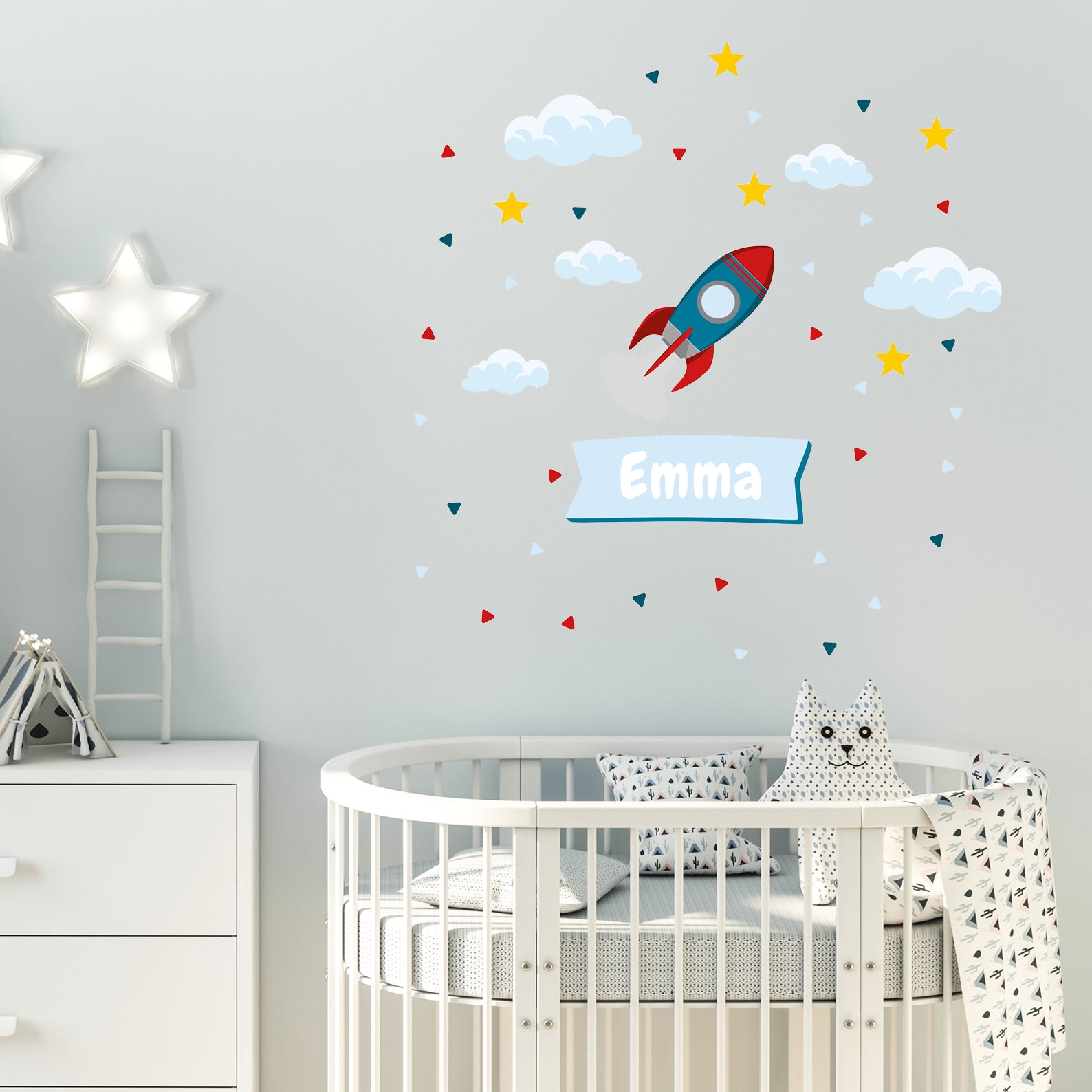 Individualisierbarer Türaufkleber mit Raketenmotiv für das Kinderzimmer, Wandtattoo aus dem Sortiment von aufkleberdrucker.de