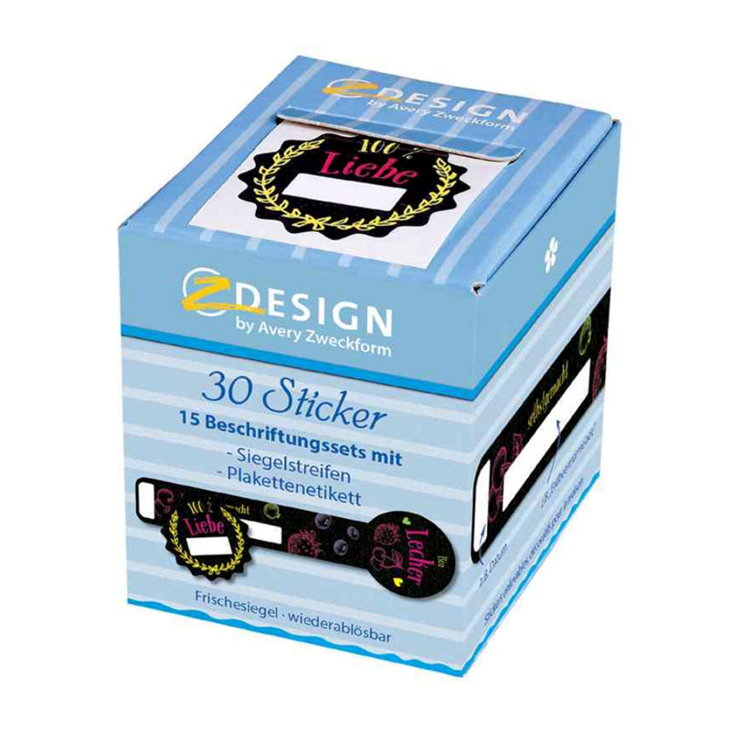 Sechs aufgebrachte Frischesiegel-Aufkleber „Bin Lecker“ von Avery Zweckform, 30 Stück auf einem Papierbogen sichtbar