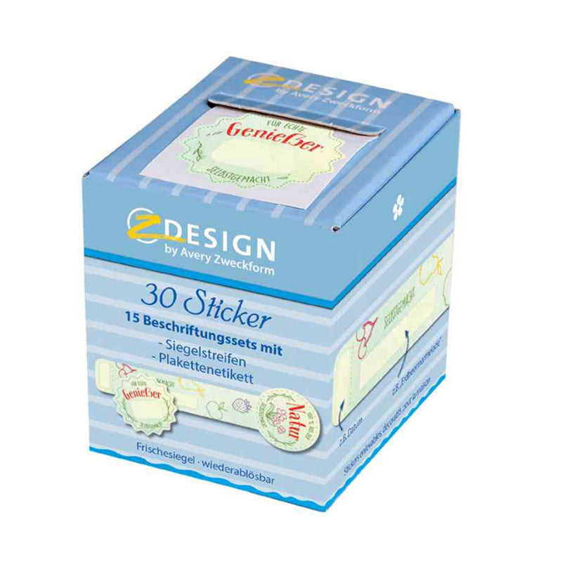 Aufkleber "Frischesiegel 100 % Natur" von Avery Zweckform, 30 Stück, mit grüner Natur- und Blättermotiv, auf weißem Hintergrund.