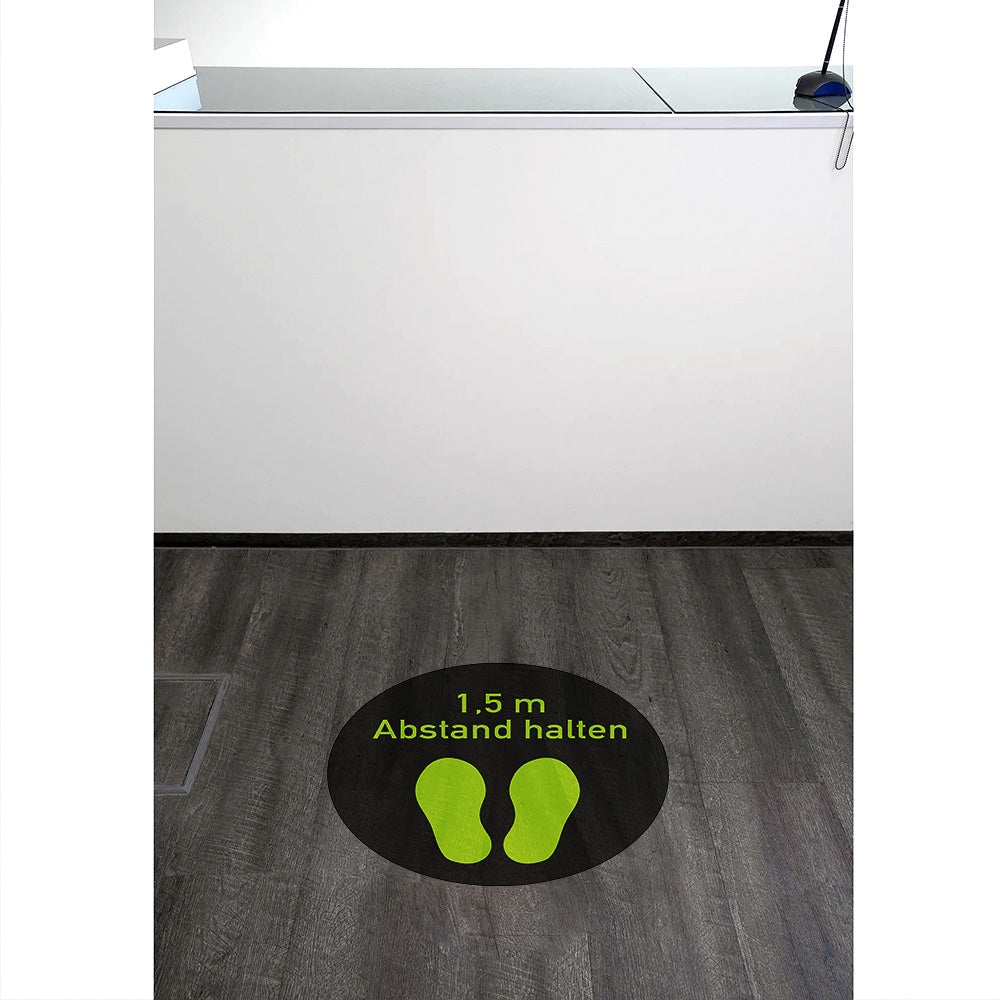 Fußbodenaufkleber mit 1,5m Abstand halten, 300x300 mm, klarer Aufkleberdruck für soziale Distanz auf dem Boden.