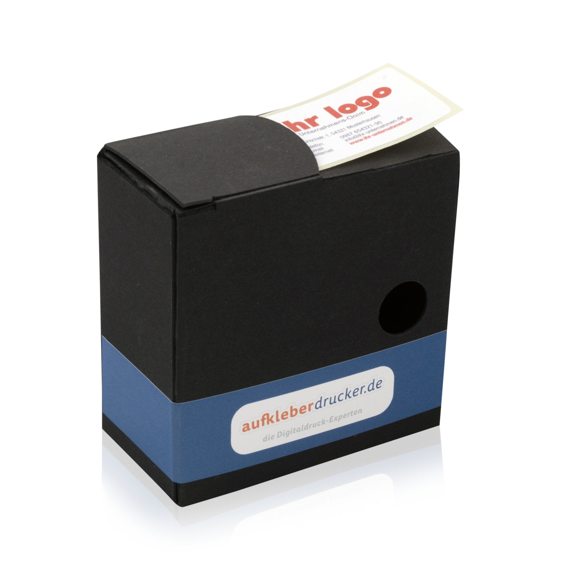 Adressaufkleber im Spenderkarton, 60x30 mm, von adressaufkleber-fabrik.de, zeigt die aufgebrachten Etiketten auf einem Spenderkarton