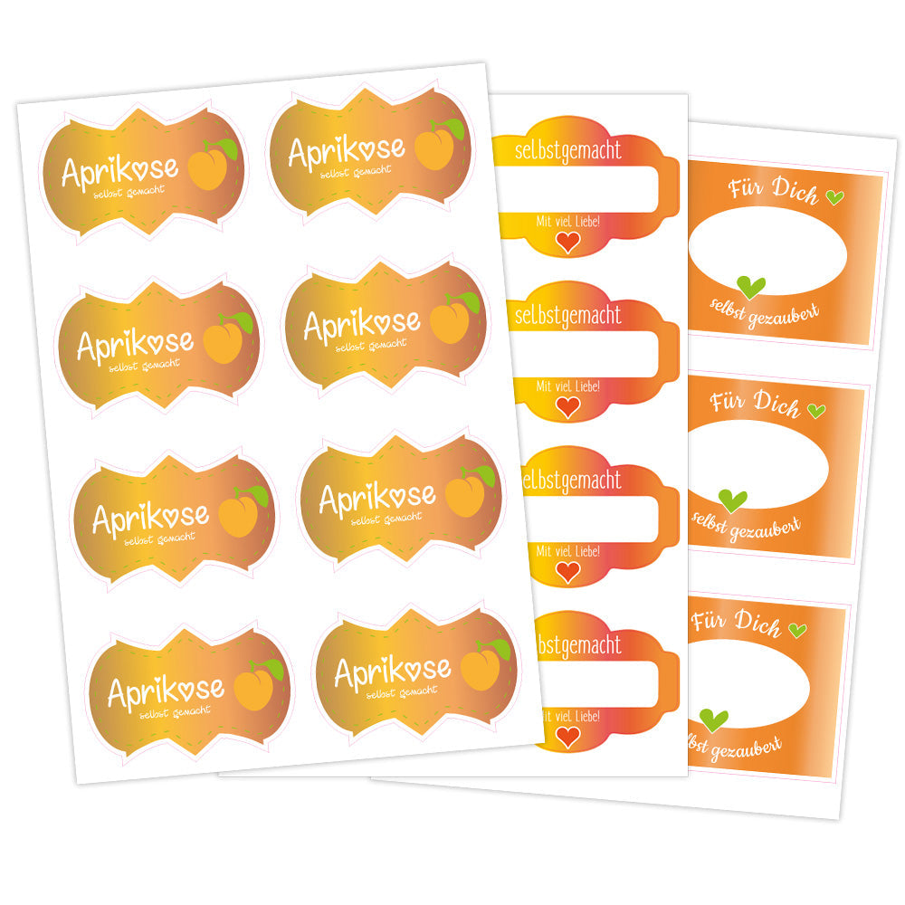 Aprikosenmarmeladen-Aufkleber im Set, 3 Bögen à 200x300 mm, mit frischen Aprikosenmotiven, für Lebensmittelbeschriftung