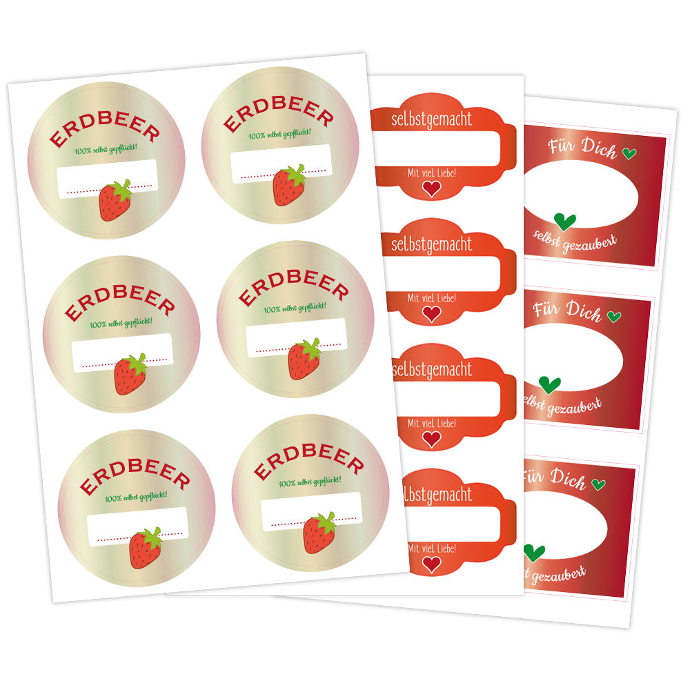 Erdbeermarmelade Aufkleber im Set mit 3 Bögen, fruchtiges Erdbeer-Design, perfekt zum Dekorieren und Bekleben.