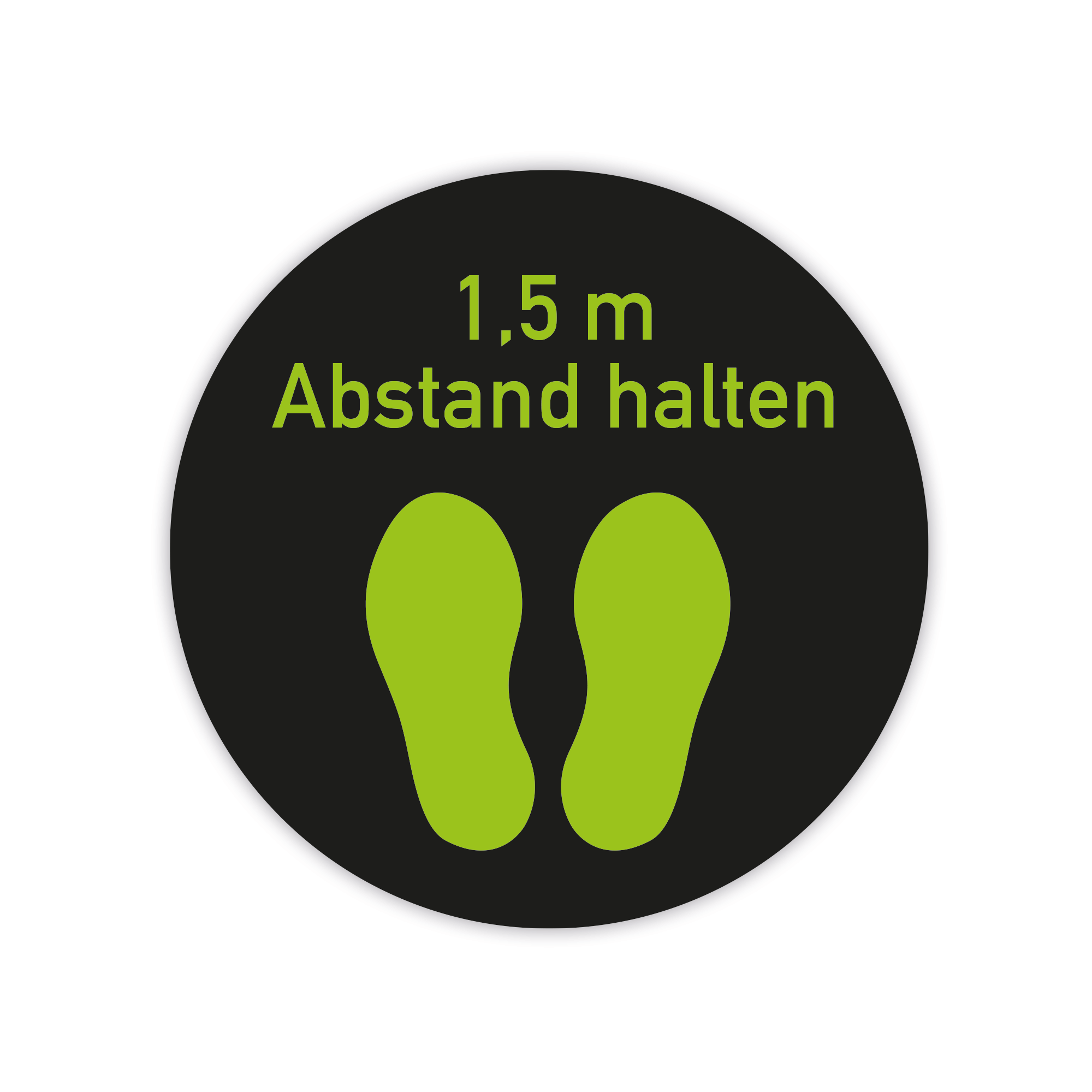 Grüner Fußbodenaufkleber mit 1,5m Abstand halten, 300x300 mm, für soziale Distanz auf glatten Böden.