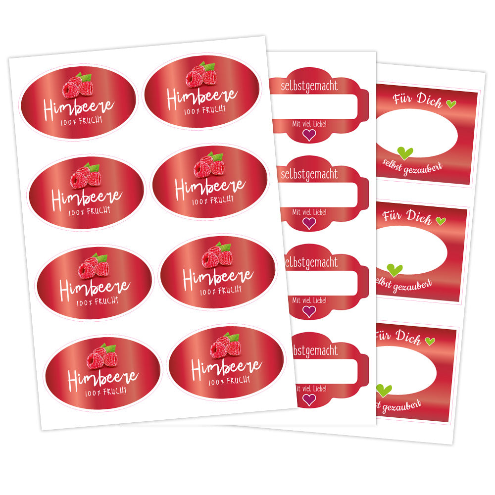 Himbeermarmelade Aufkleber im Set, 3 Bögen mit fruchtigen Himbeer-Designs, ideal für Lebensmittelkennzeichnung