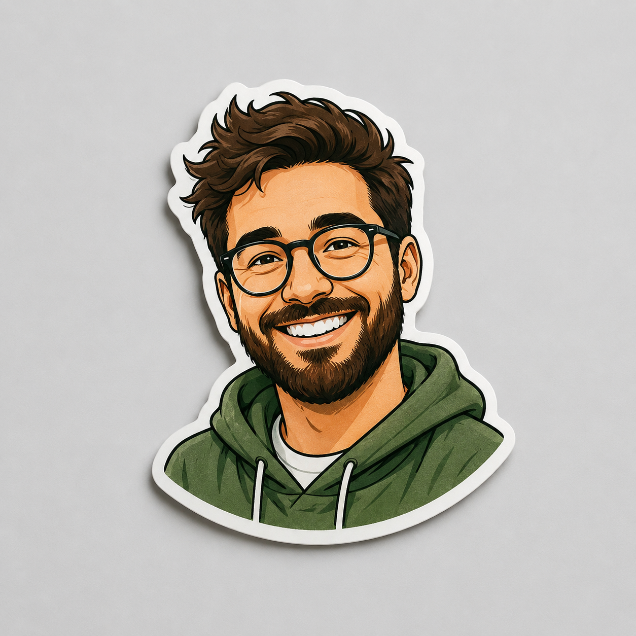 Karikatur-Sticker nach Foto, personalisierte konturgeschnittene Aufkleber von aufkleberdrucker.de, detailreiche Illustration auf Papier