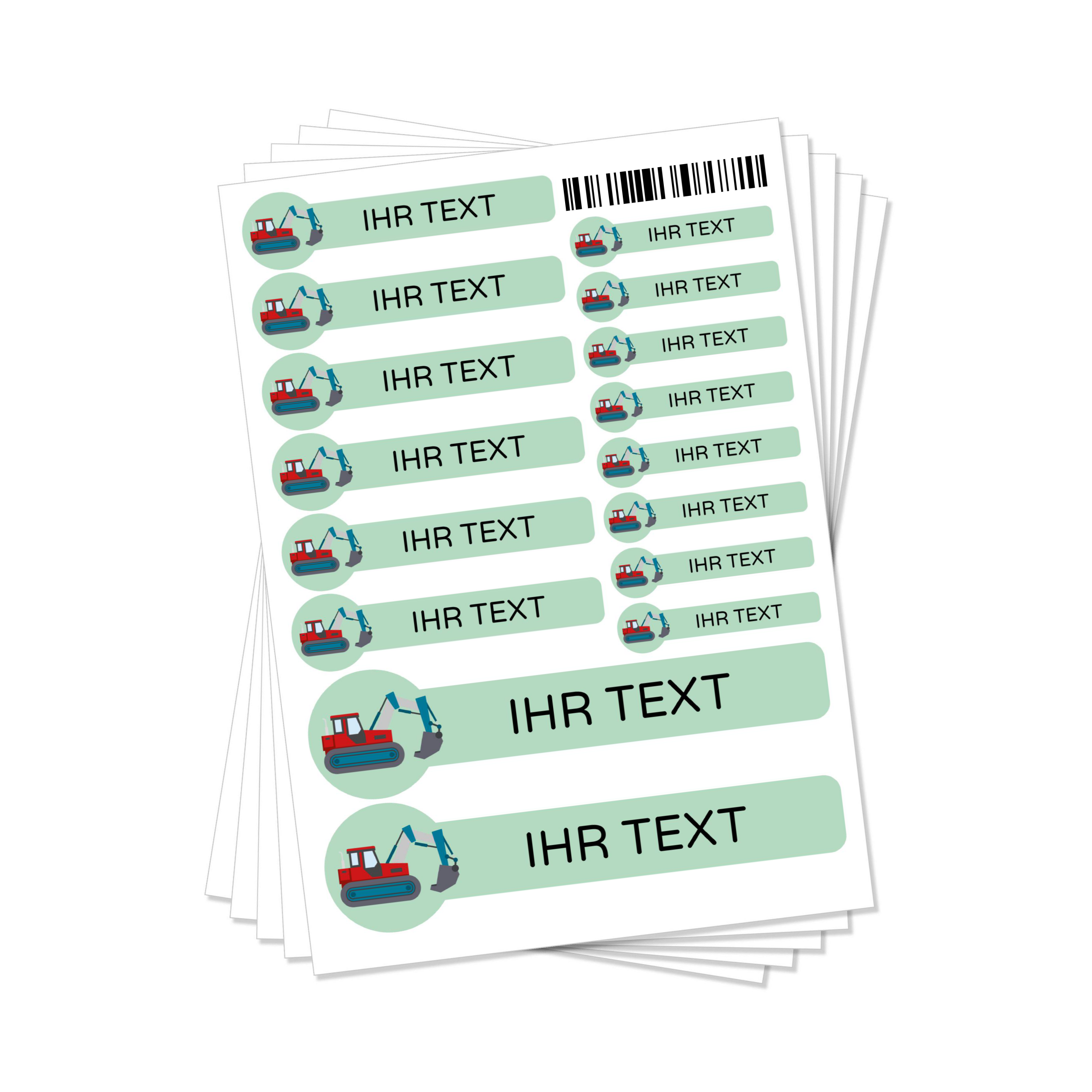 Kinder-Namensaufkleber mit Baggermotiv, Set mit 160 Stück in Grün, ideal für Kinderartikel und Spielzeug.