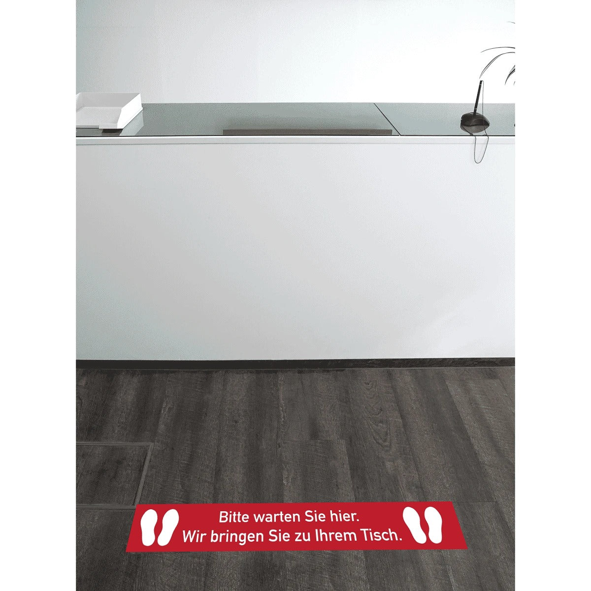 Fußbodenaufkleber Rot - Bitte warten Sie Hier. Wir bringen Sie zu Ihrem Tisch. (1000x150 mm)