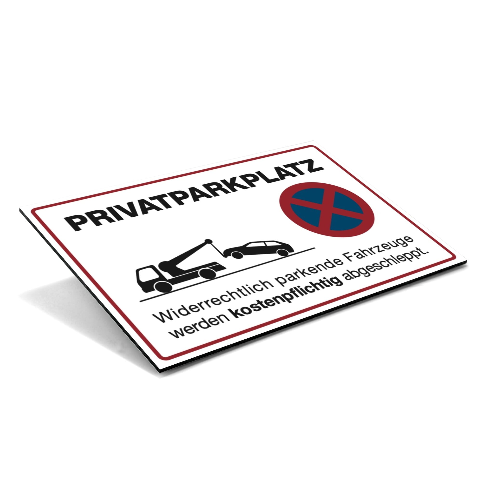 Weiße Aluminium-Verbundtafel "Privatparkplatz" für widerrechtlich parkende Fahrzeuge, 300x200x4 mm, mit Aufkleberdrucker.de.
