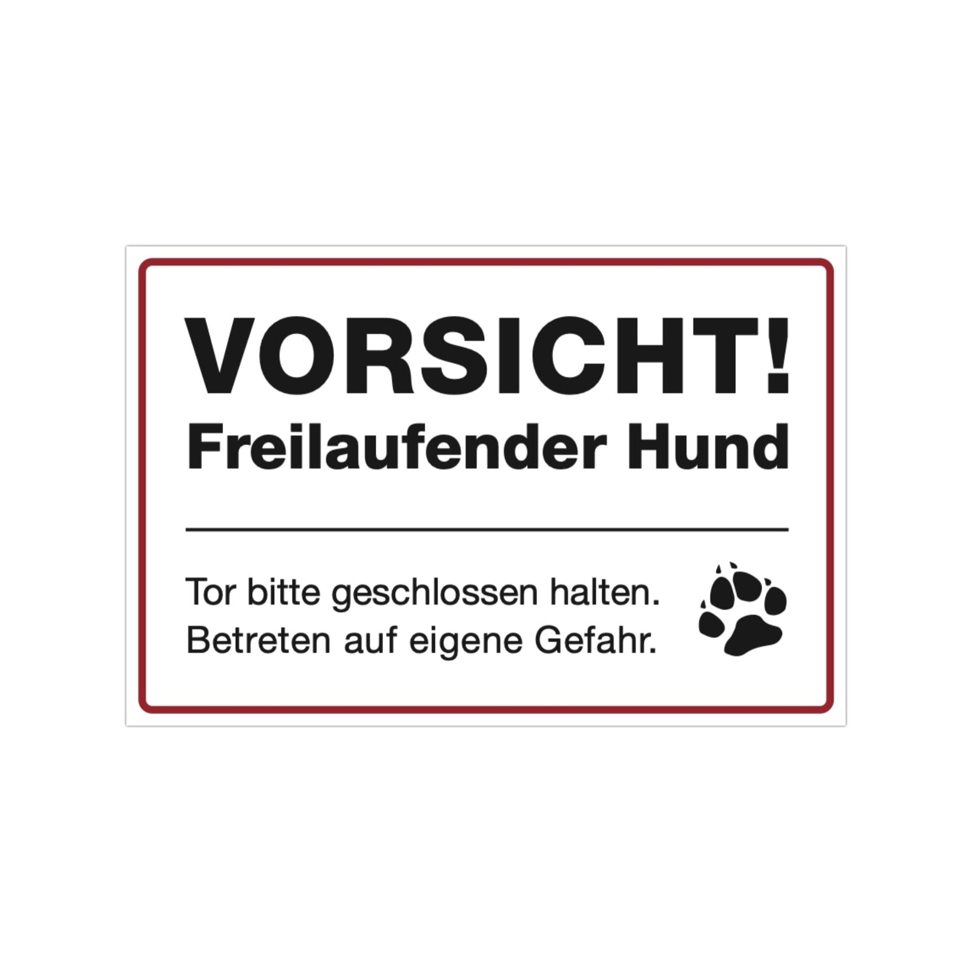 Drei weiße Aufkleber mit "Vorsicht! Freilaufender Hund" in 300x200 mm, aufkleberdrucker.de, auf glattem Untergrund.