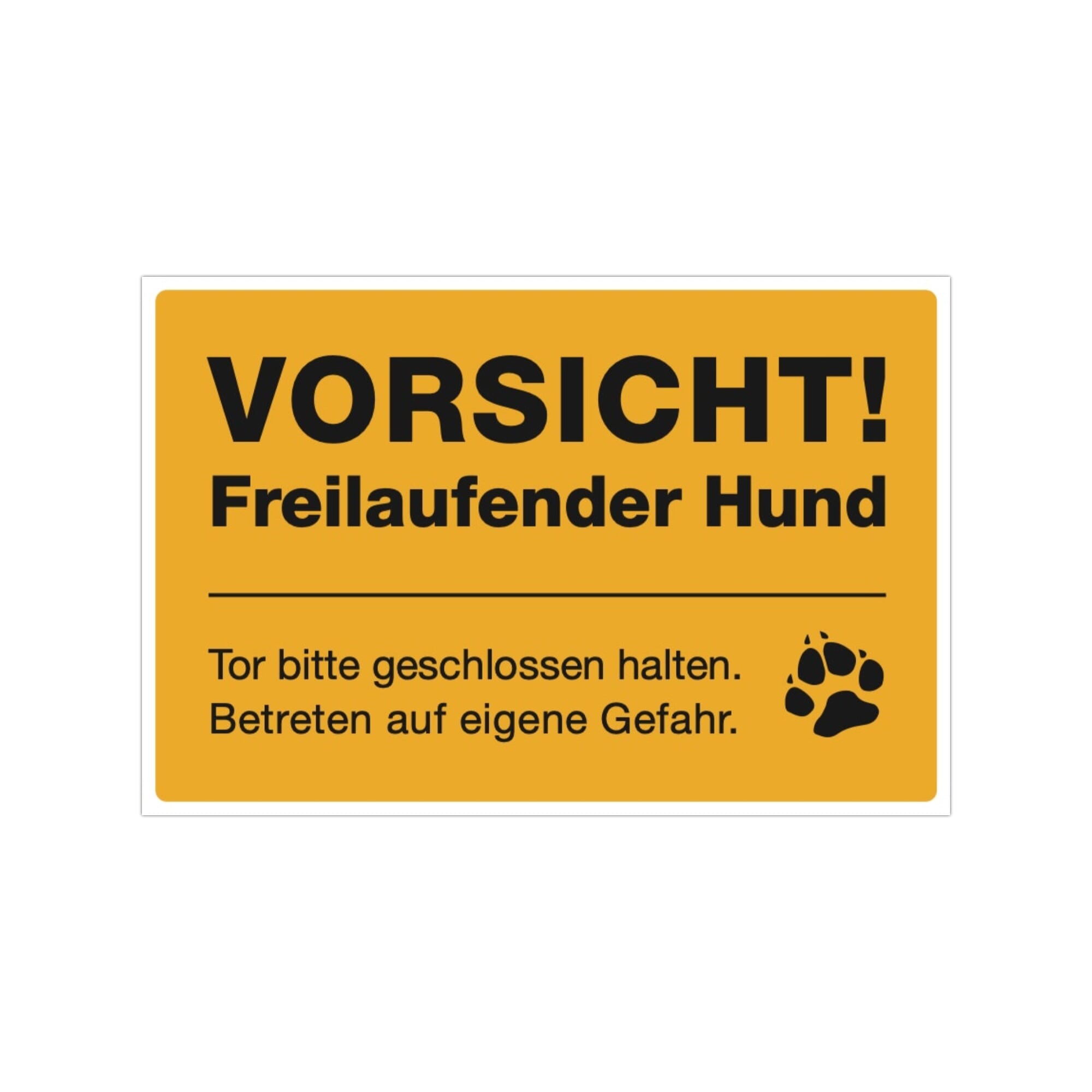 Drei signalgelbe Aufkleber Vorsicht! Freilaufender Hund, 300x200 mm, aufkleberdrucker.de, mit Hundemotiv und Warnhinweis