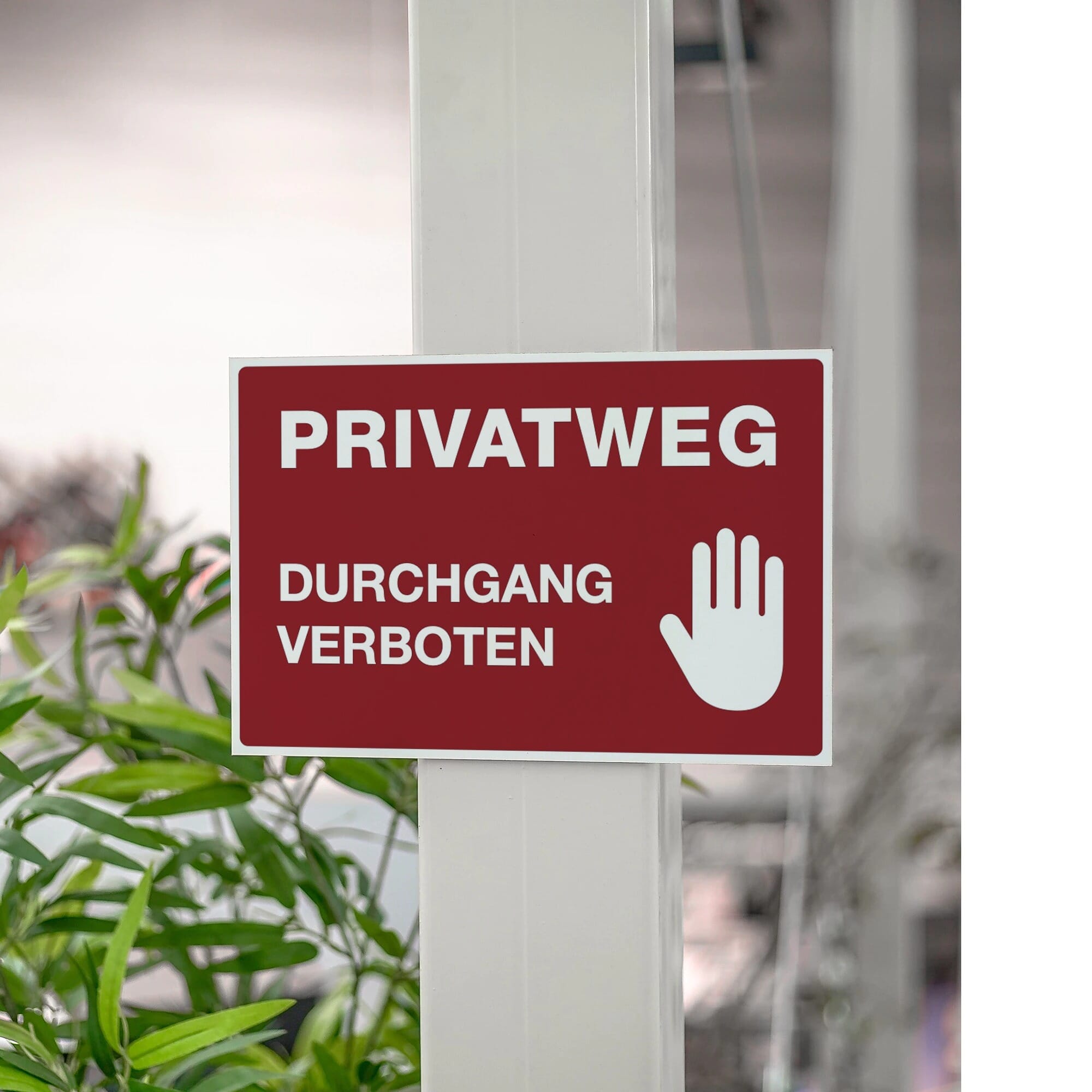 Rotes Aluminium-Verbundschild "Privatweg - Durchgang verboten" mit Maßen 300x200x4 mm, aufkleberdrucker.de