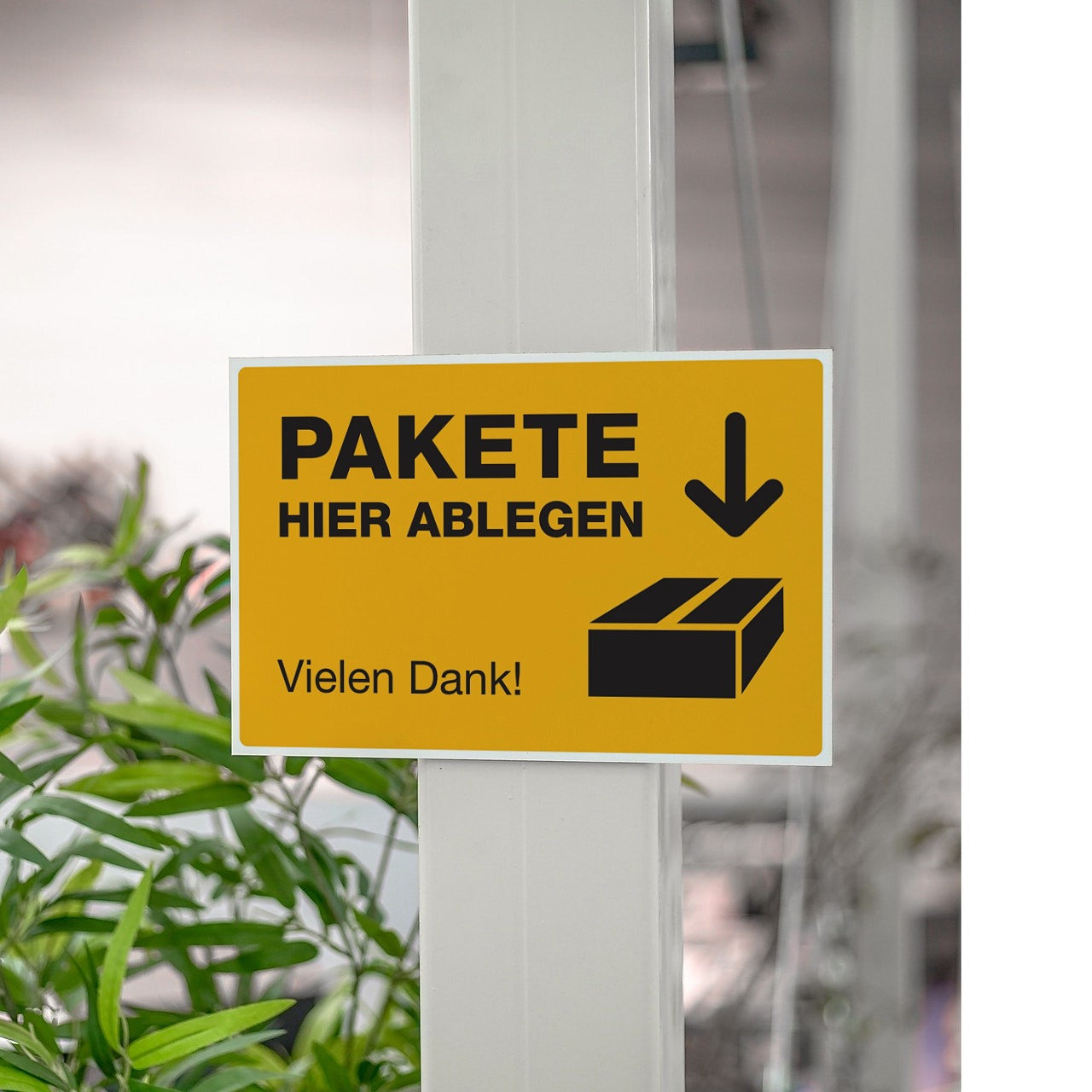 Gelber Alu-Verbund-Schild mit Aufschrift "Paket hier ablegen, Vielen Dank!", 300x200x4 mm, für Paketannahme.