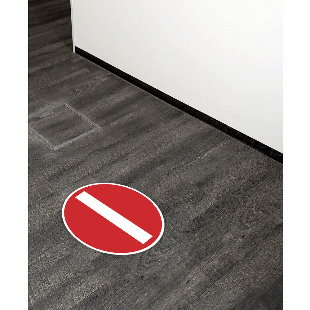 Fußbodenaufkleber "Durchgang verboten" in 300x300 mm, gelbe Markierung auf glattem Boden, deutlich sichtbar.