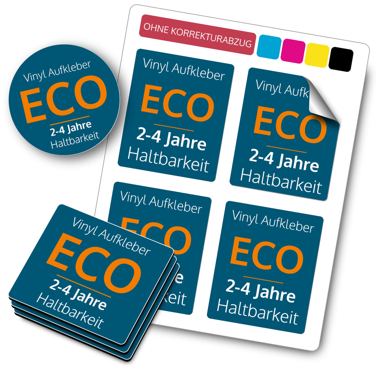 Verschiedene Digitaldruck Aufkleber von aufkleberdrucker.de — konturgeschnittene Sticker auf Orafol-Vinyl, transparente und matte Folien