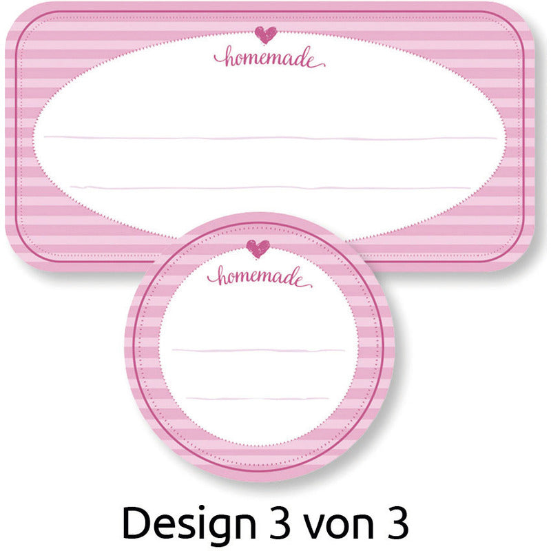Aufkleber "Homemade" von Avery Zweckform, 50 Stück, weiße Etiketten mit schwarzem Schriftzug, auf einer weißen Oberfläche.