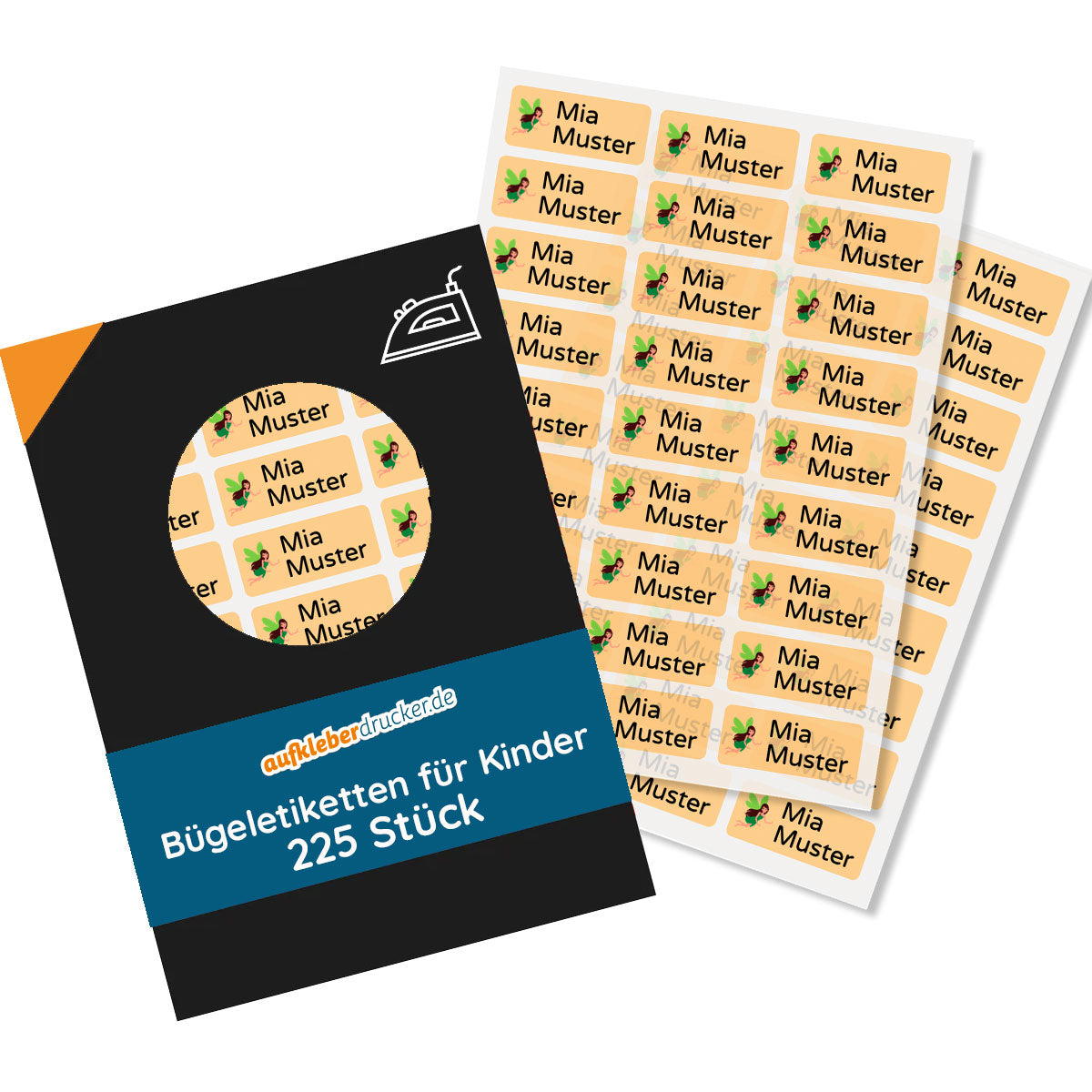 Bügelleitetiketten für Kinder, 30x13 mm, 225 Stück zum Aufbügeln, in bunten Farben, auf glattem Stoff.
