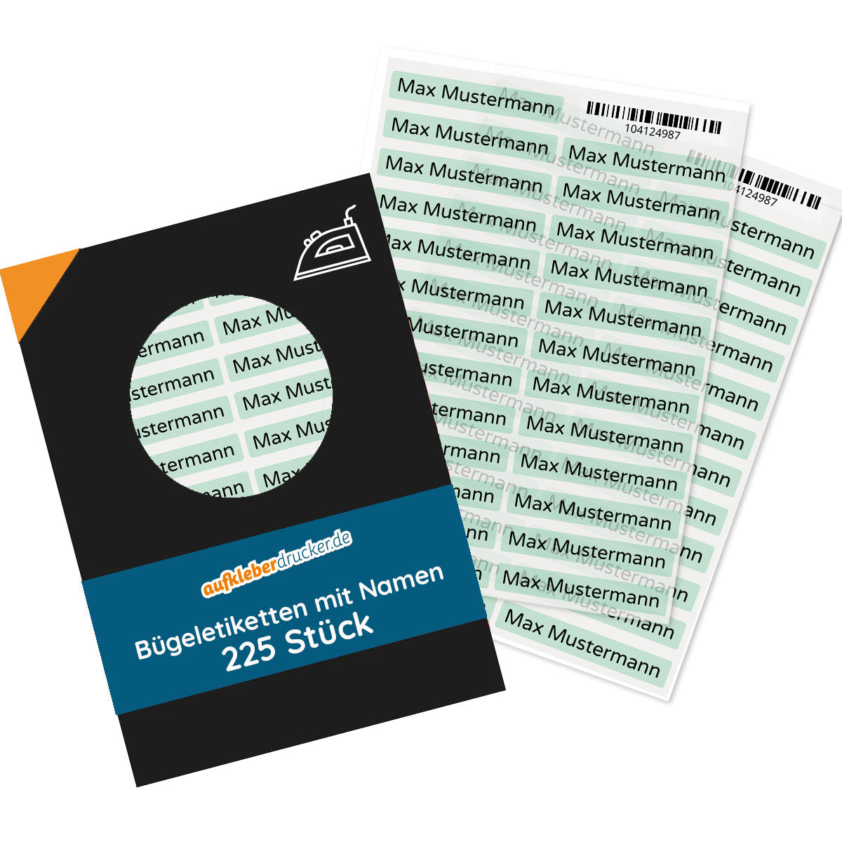 Bügeletiketten mit Namen, 52x9 mm, 225 Stück, zum Aufbügeln, mit aufkleberdrucker.de Marke, auf einem weißen Hintergrund.
