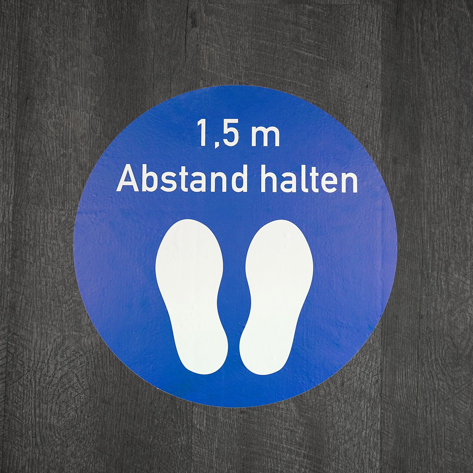 Blauer runder Fußbodenaufkleber mit Abstand halten, 400x400 mm, aufkleberdrucker.de, für soziale Distanzierung im Innenbereich