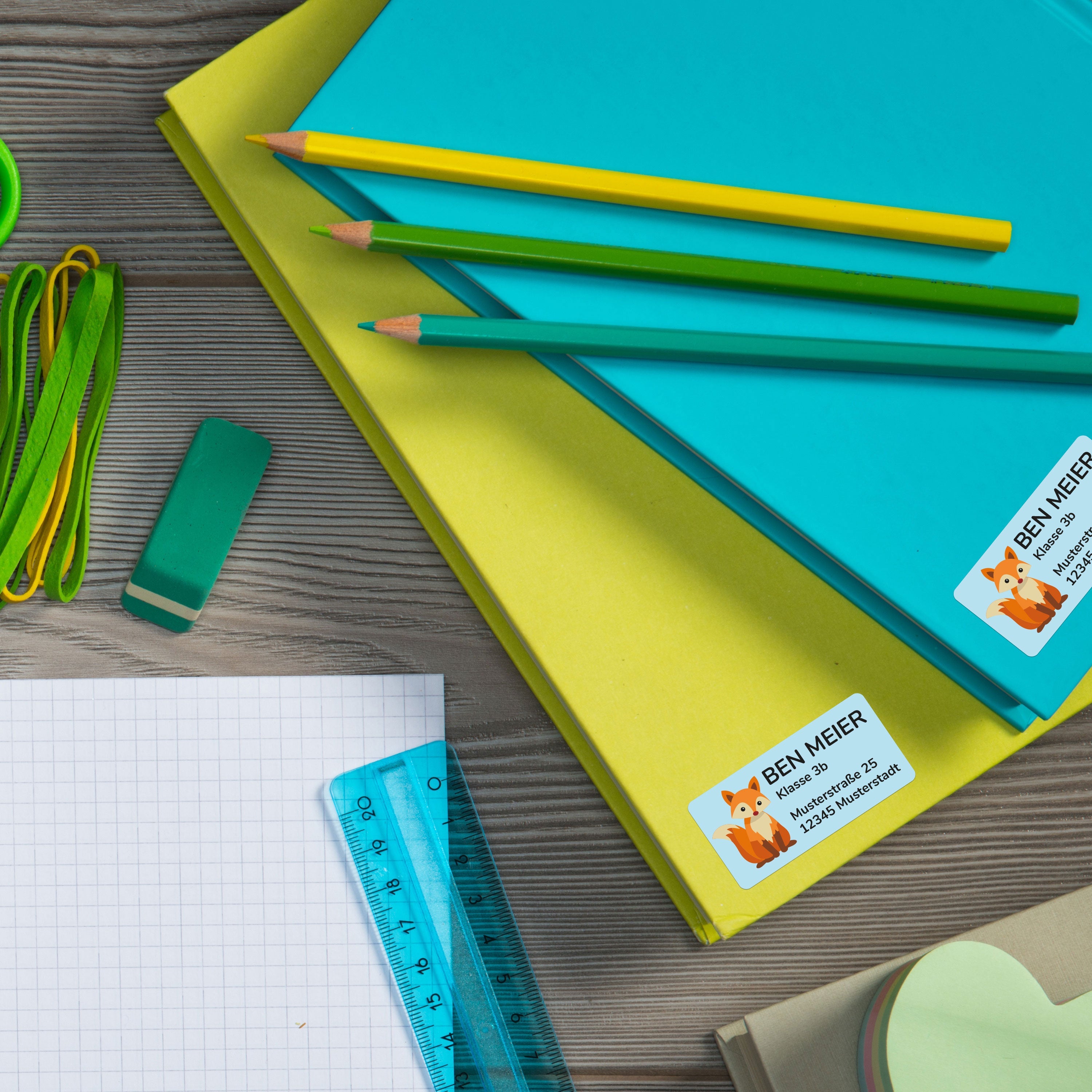 Individuelle Adressaufkleber mit 50x25 mm Größe, 100 Stück, für Schule und Kita, aufkleberdrucker.de, buntes Design