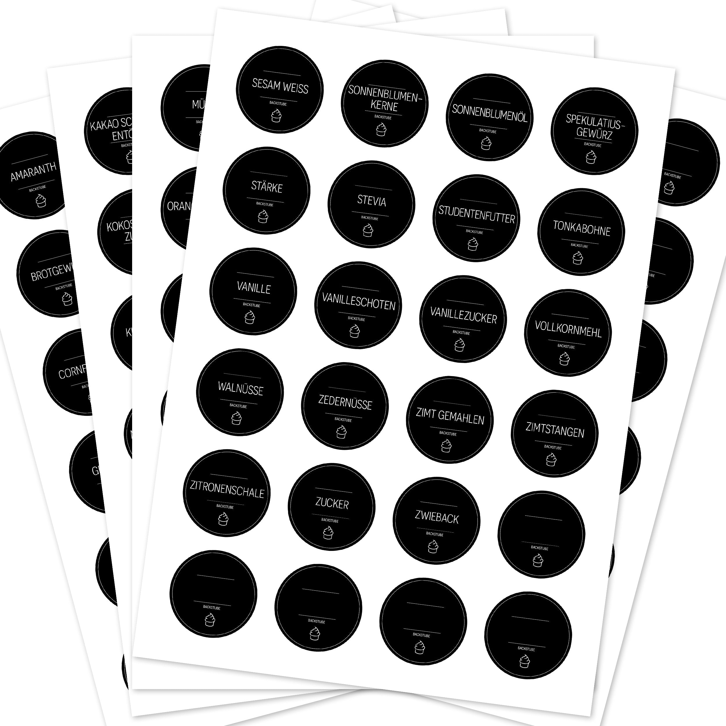 Runde schwarze Backetiketten für Backzutaten, 120er Set, ideal für die Organisation in der Backstube, von aufkleberdrucker.de