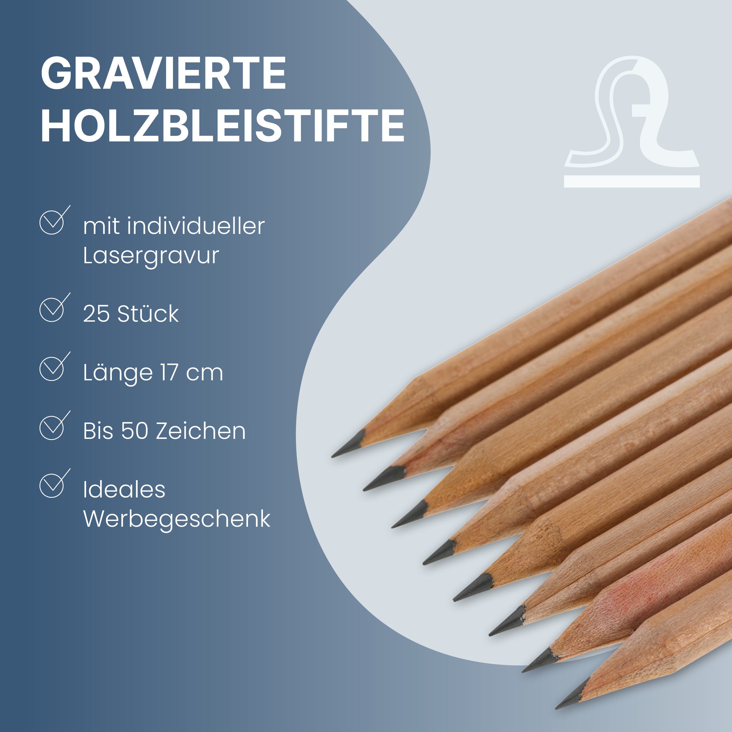 25 gravierte Bleistifte von gravur-fabrik.de, mit individueller Schrift auf Holz, ideal für Geschenke oder Bürobedarf.