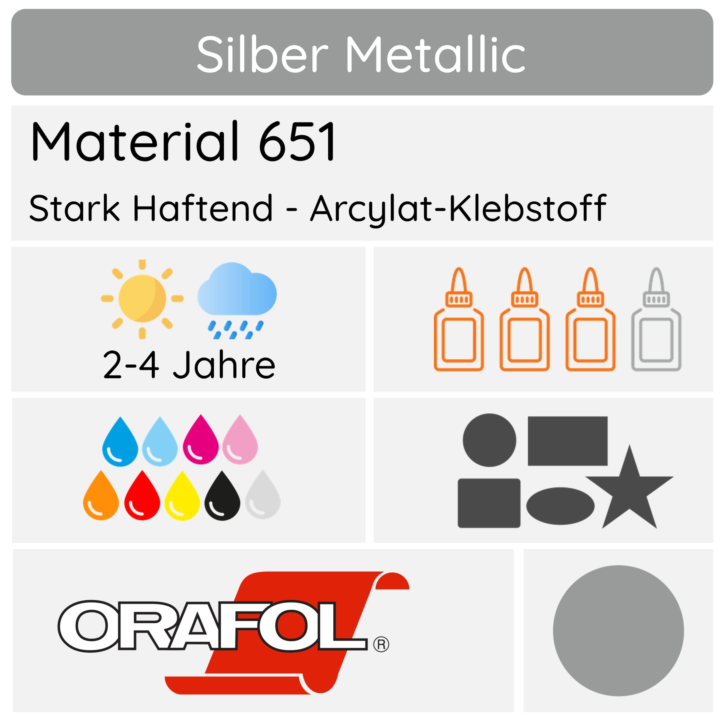 Silberner metallic Aufkleber von Orafol, glänzend und reflektierend, auf glattem Hintergrund sichtbar