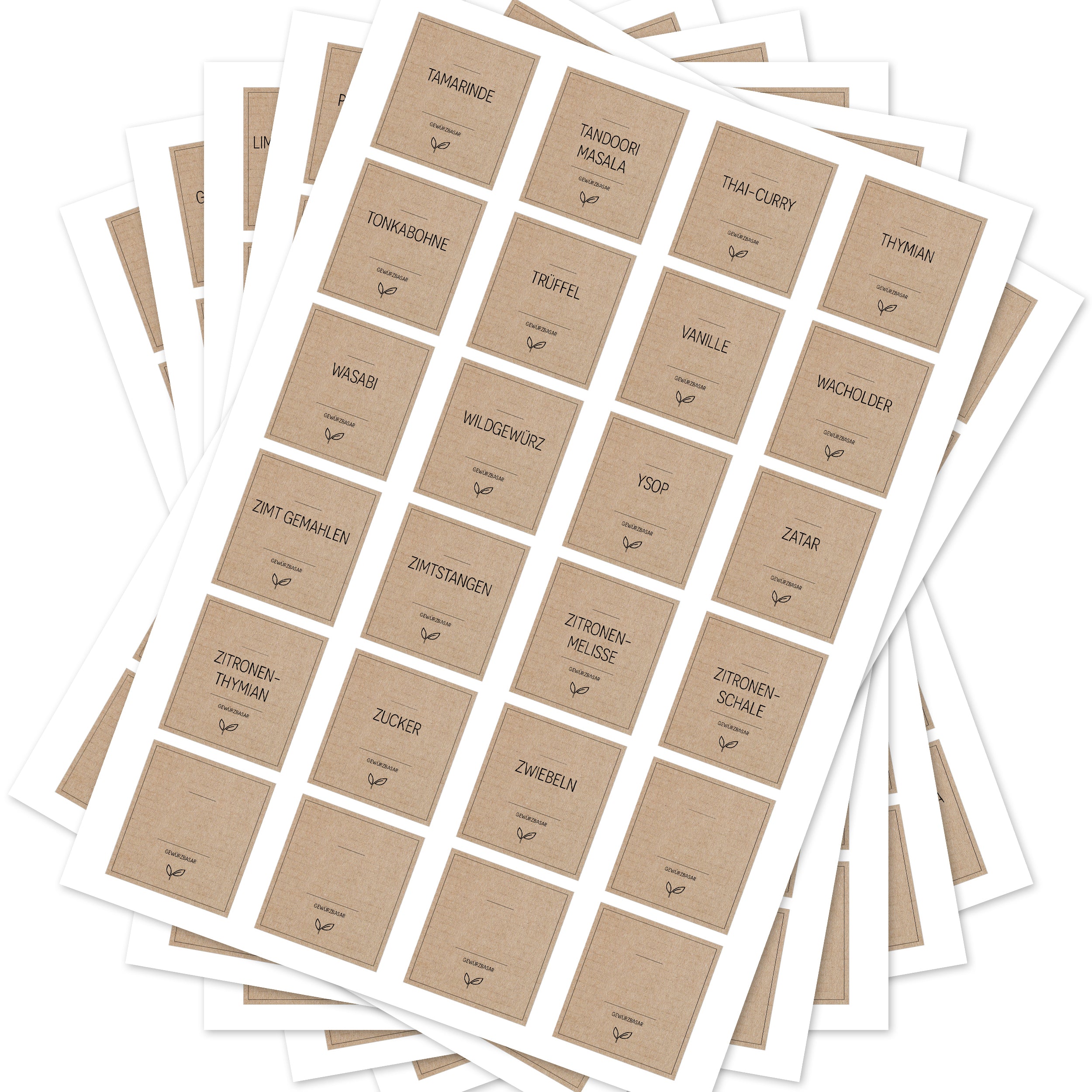 Braune, eckige Gewürzetiketten von aufkleberdrucker.de für Gewürzgläser, im Set mit 144 Aufklebern, ideal zum Beschriften.