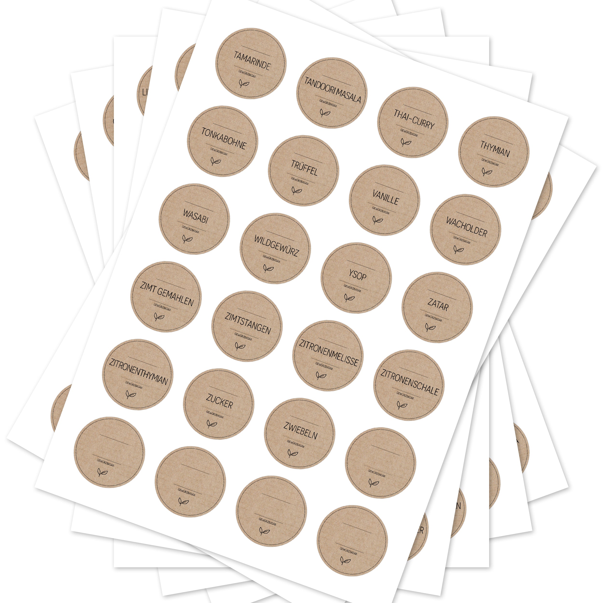 Runde braune Gewürzetiketten für Gewürzgläser, 144er Set von aufkleberdrucker.de, mit verschiedenen Beschriftungen.