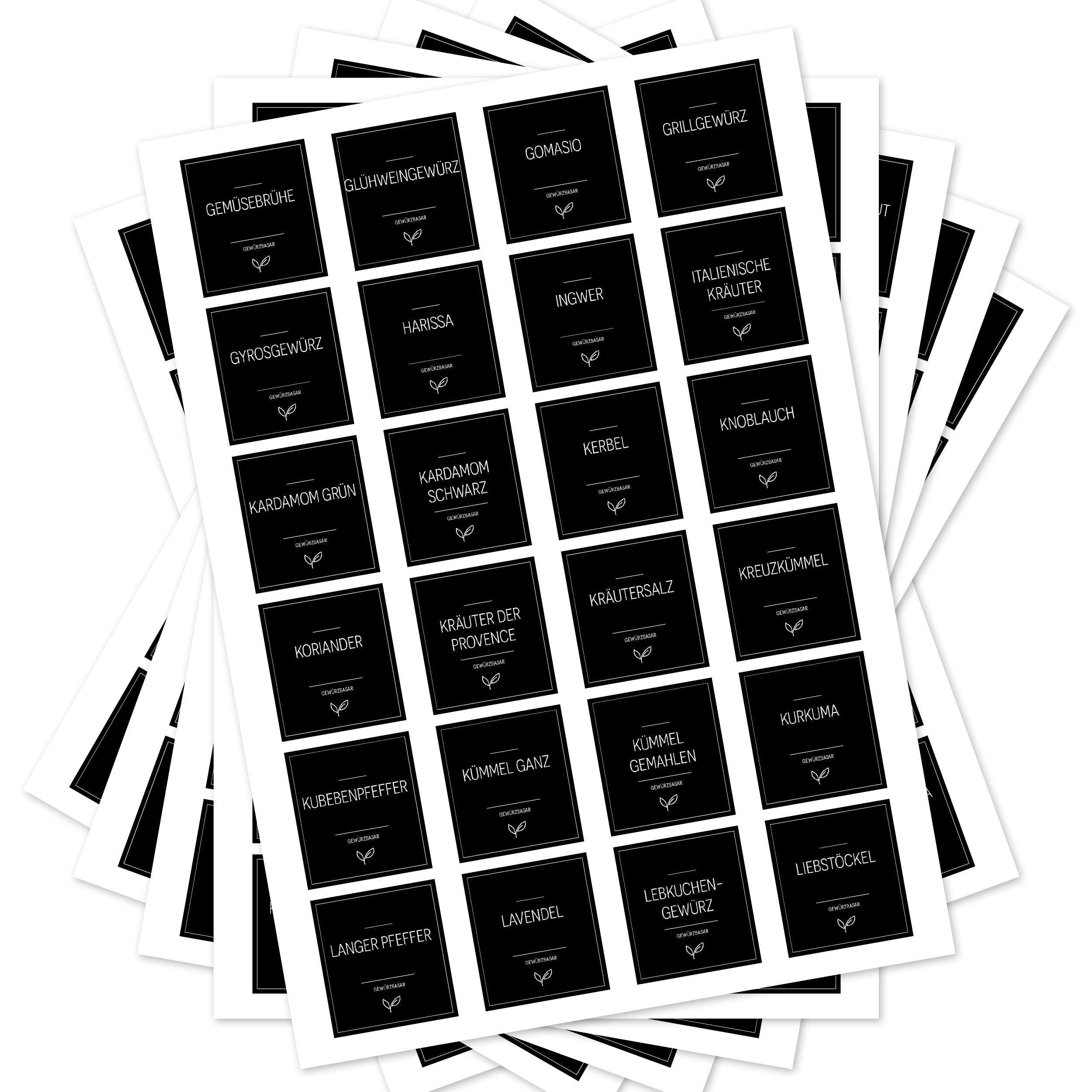Schwarze, eckige Gewürzetiketten für Gewürzgläser, Set mit 144 Aufklebern von aufkleberdrucker.de, perfekt für Küchen.