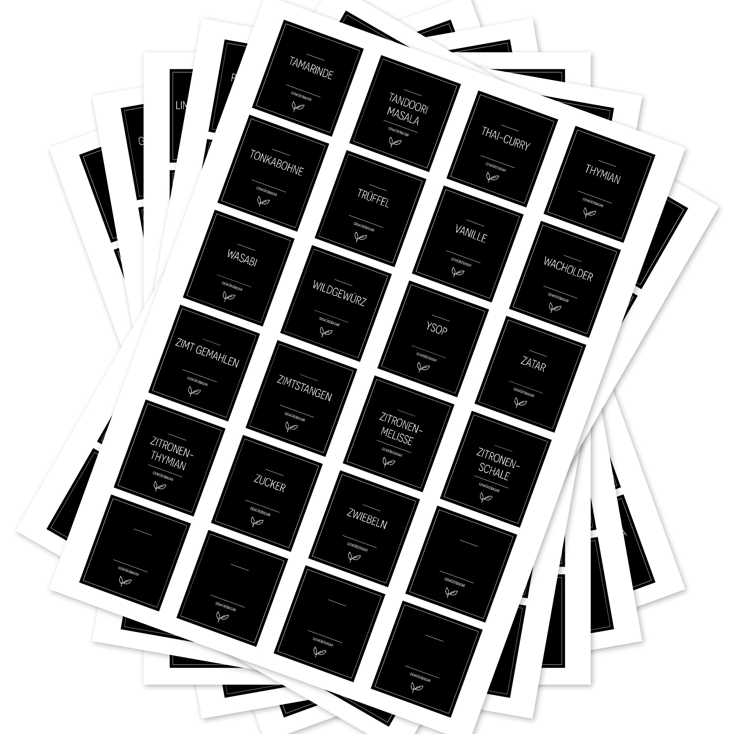 Schwarze, eckige Gewürzetiketten für Gläser, 144er Set von aufkleberdrucker.de, mit weißen Beschriftungen für Gewürze