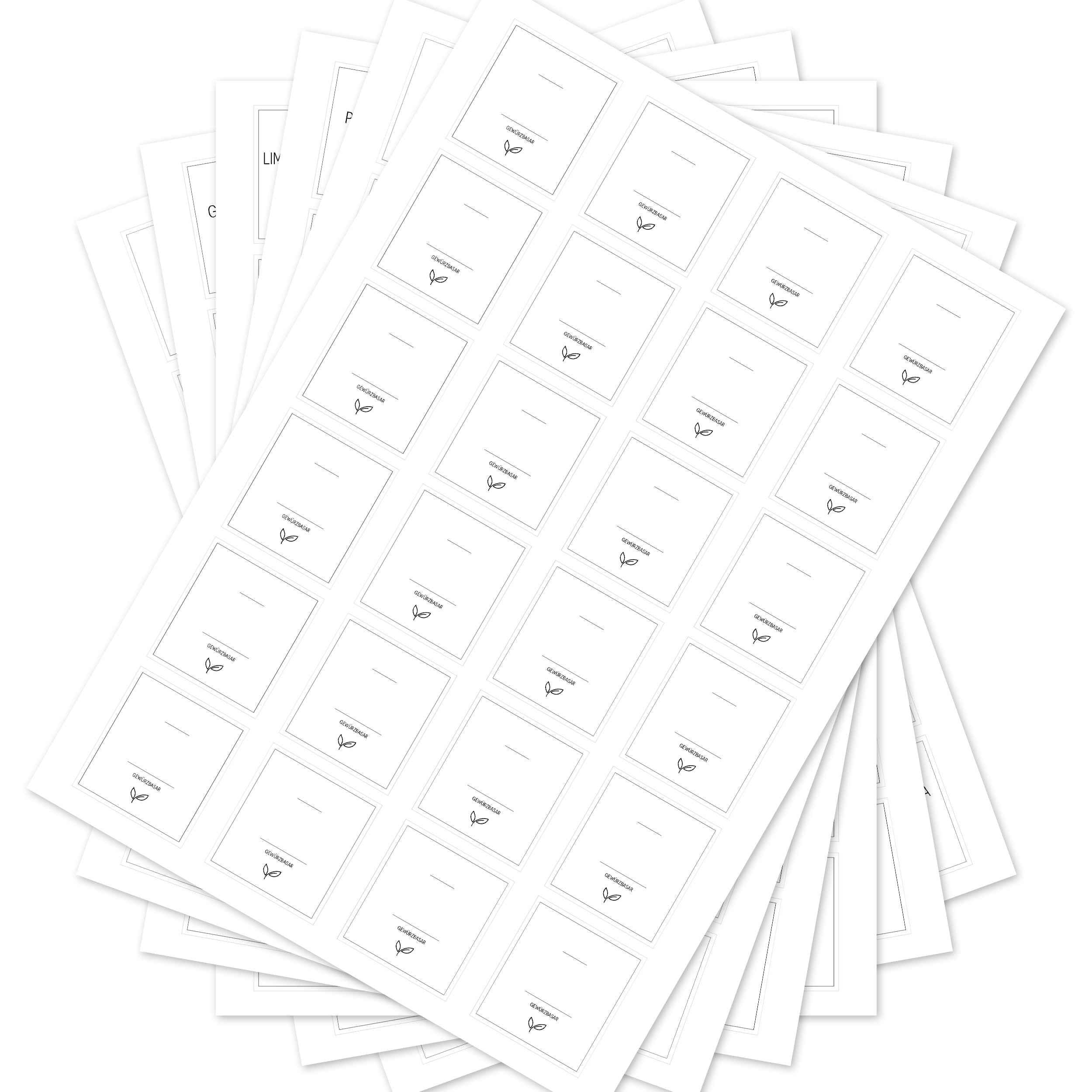 Weiße, eckige Gewürzetiketten für Gläser, 144 Stück, von aufkleberdrucker.de, ideal zum Beschriften von Gewürzgläsern