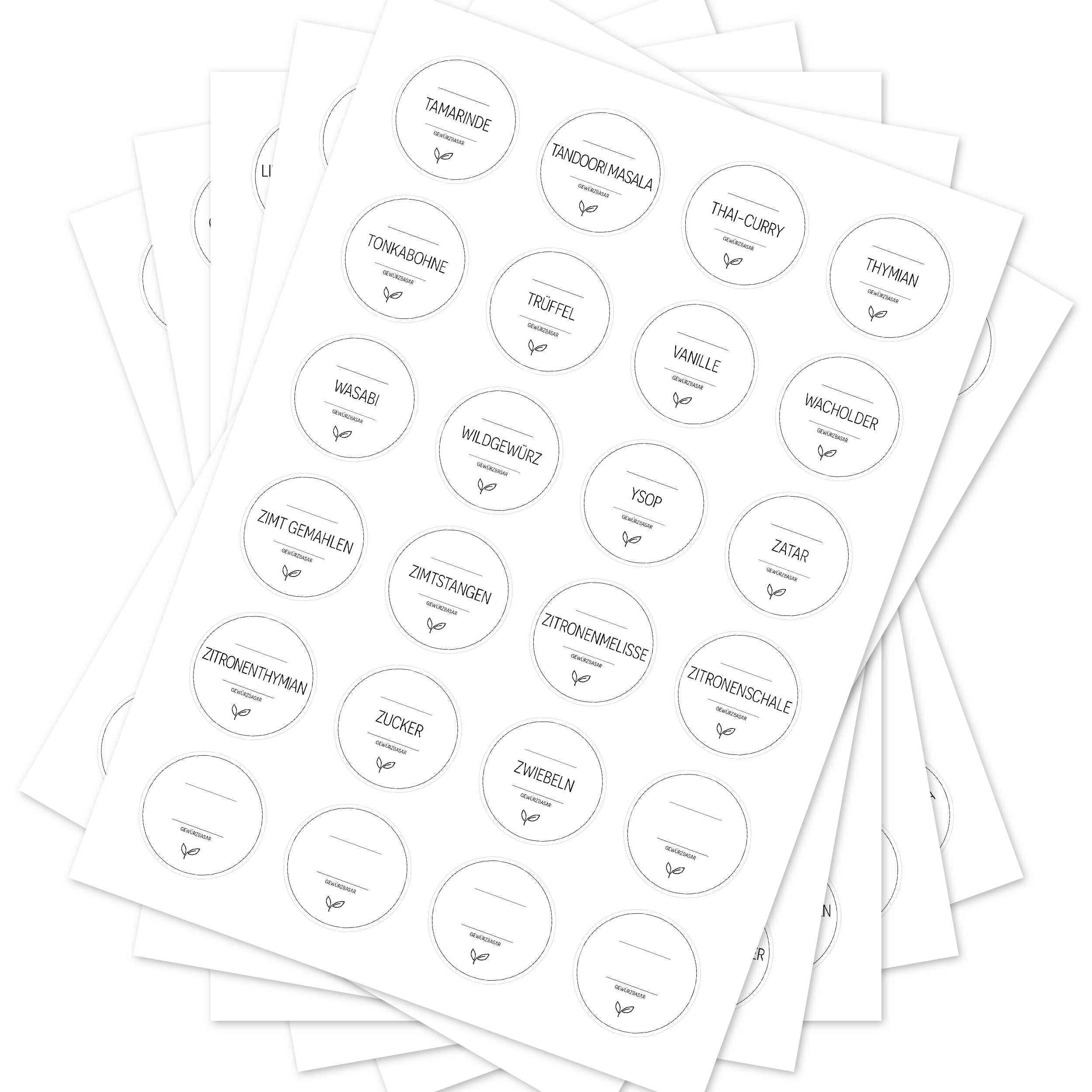 Runde weiße Gewürzetiketten von aufkleberdrucker.de für Gewürzgläser, Set mit 144 Aufklebern, ideal für Küche und Vorratsglas.