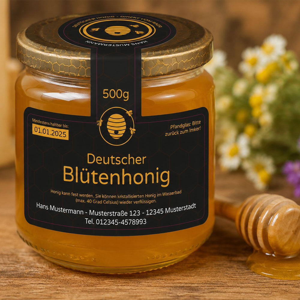 Personalisierte Honigetiketten mit Gewährverschluss für 500g Honiggläser, 120x155 mm, 50 Stück, aufkleberdrucker.de