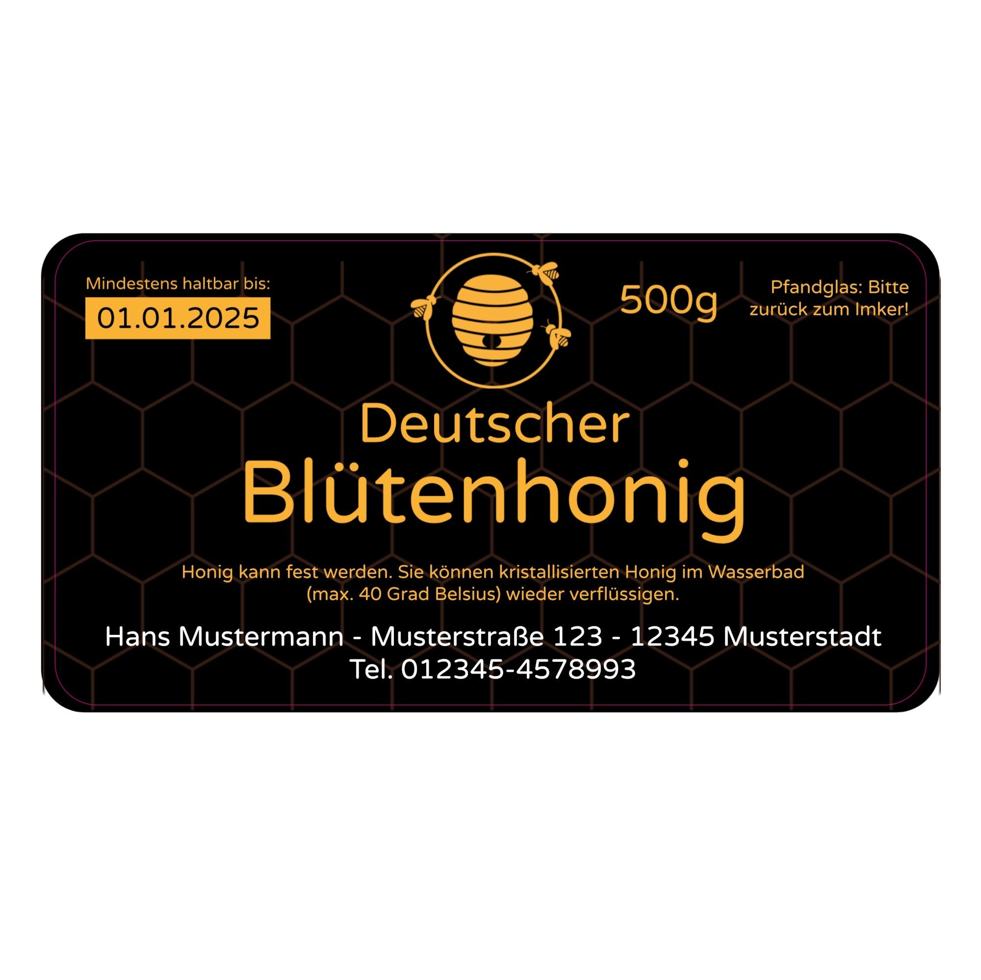 Personalisierte Honig-Etiketten für 500g Gläser, 120x65 mm, mit Honig-Siegel-Design, 50 Stück aufkleberdrucker.de