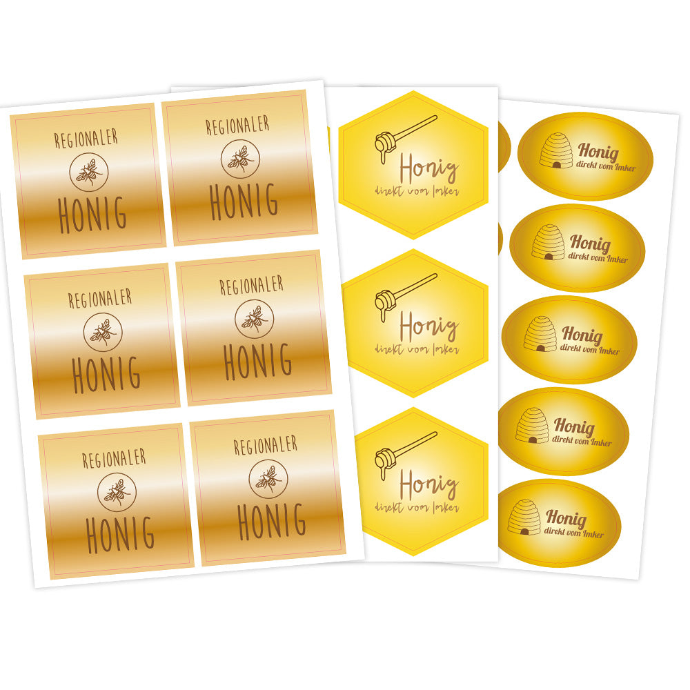 Zwei Honig-Aufkleber-Sets mit 3 Bögen, 200x300 mm, aufkleberdrucker.de, mit honigfarbenen Etiketten und Imkereidesign