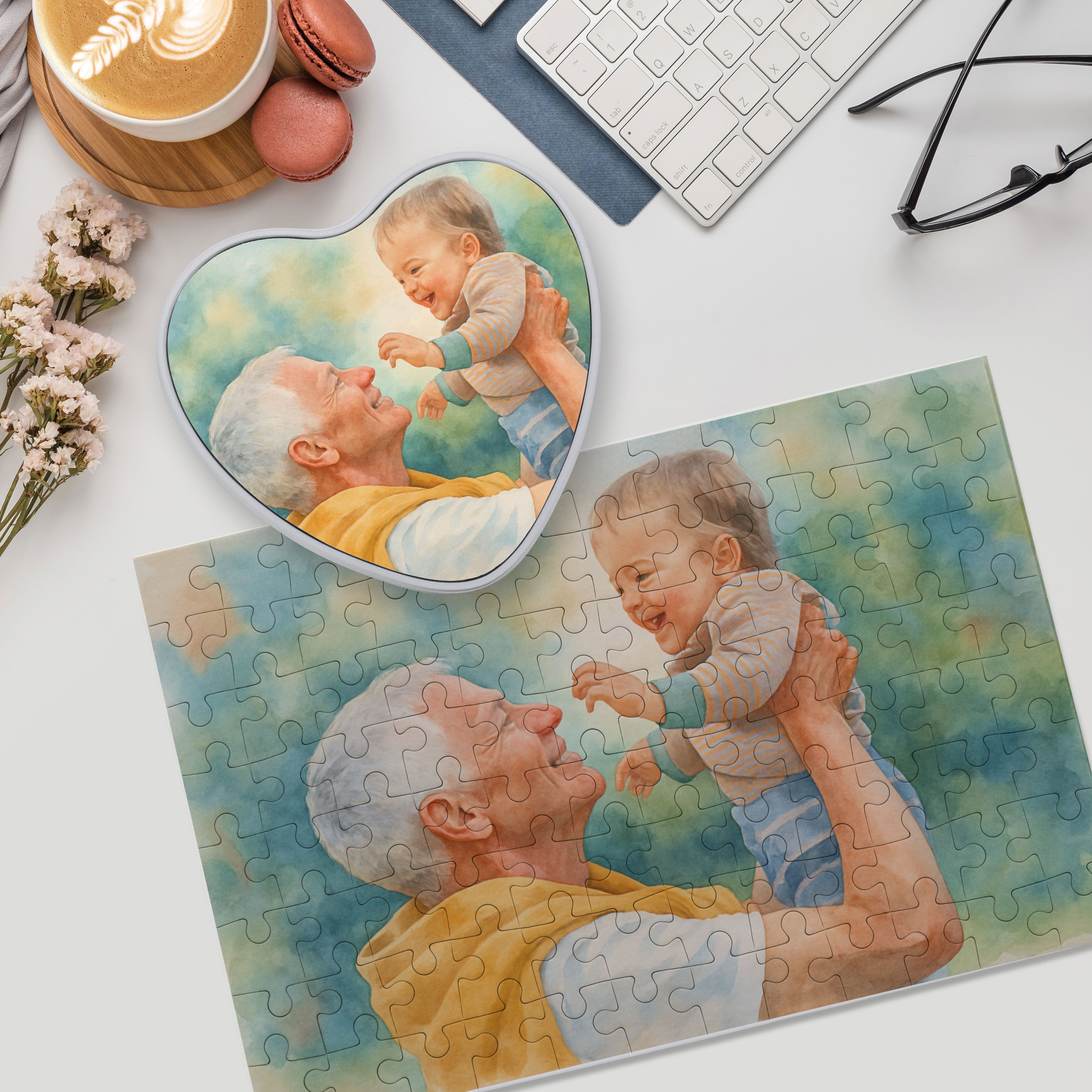 Aquarell-Puzzle mit 96 Teilen und personalisierter Gestaltung, inklusive Herzdose, von aufkleberdrucker.de.
