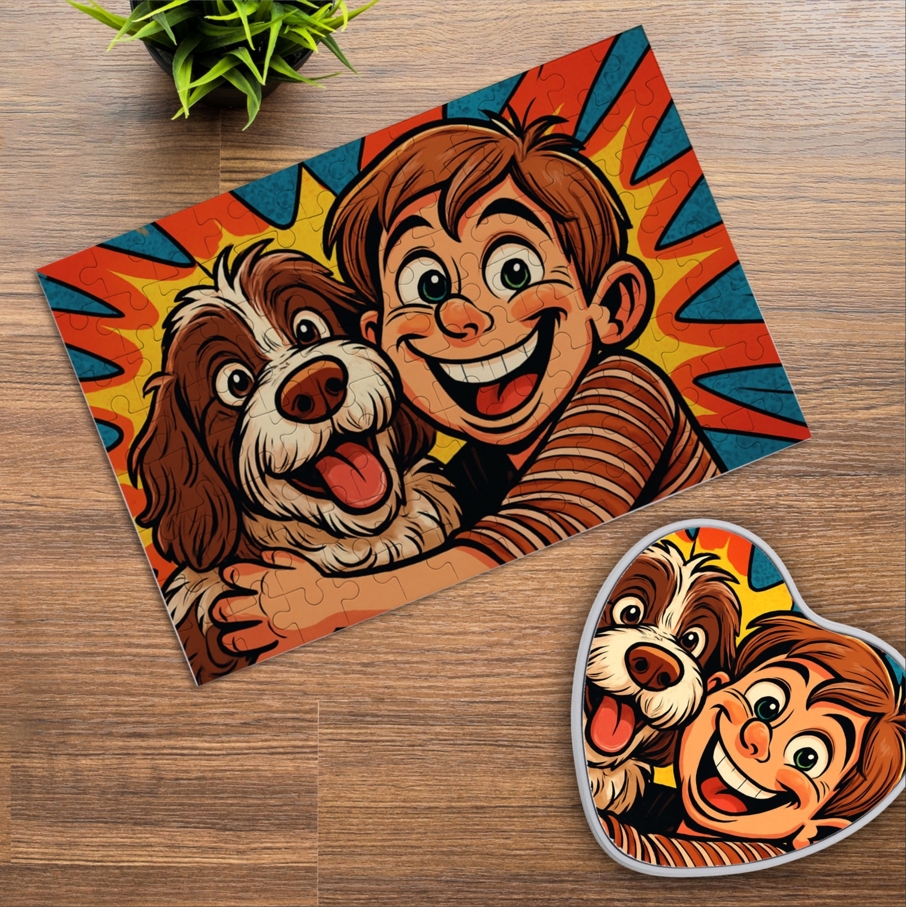 Puzzle mit Karikatur und Personalisierung, inklusive Herzdose, 96 Teile, von aufkleberdrucker.de, zeigt das individuelle Comic-Puzzle.