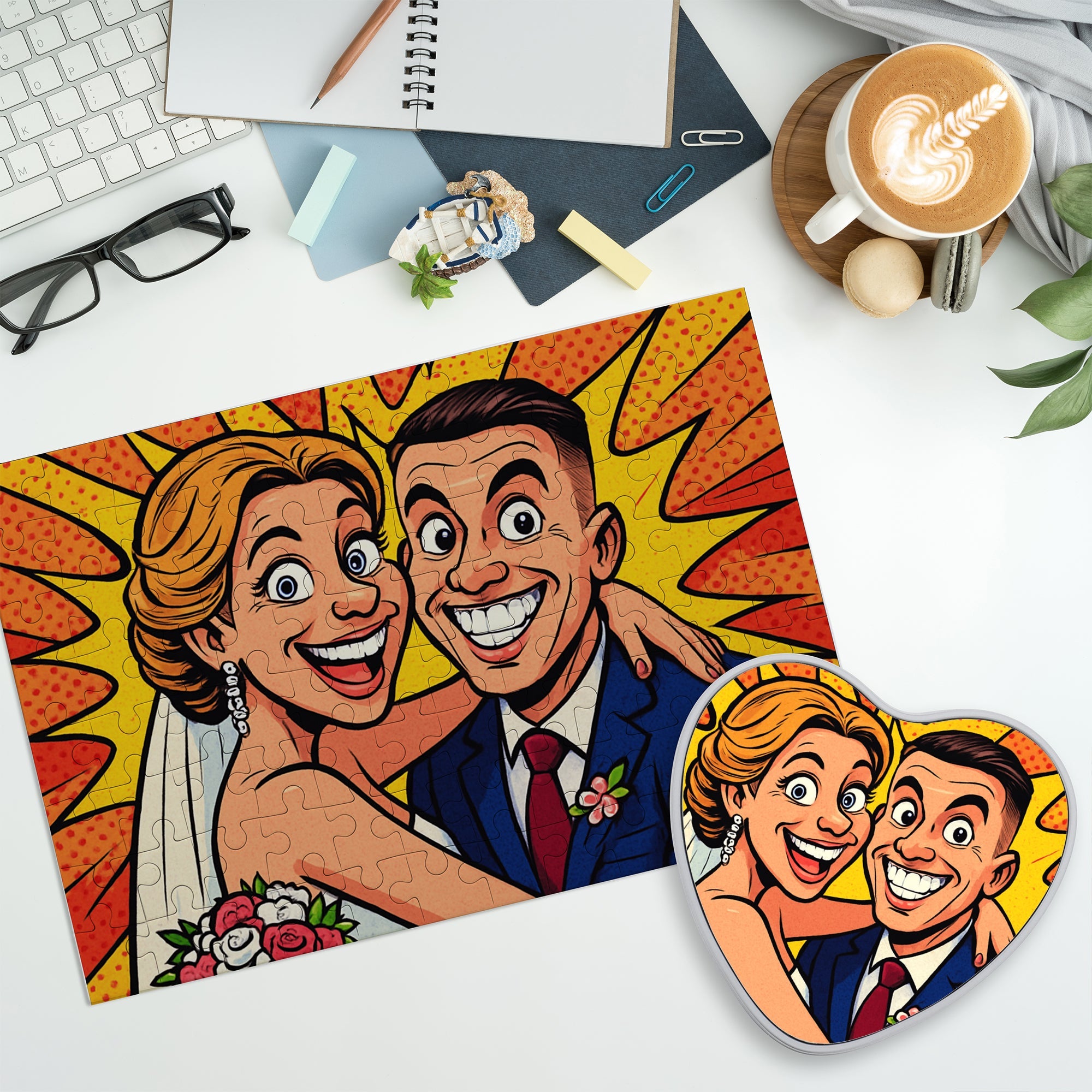 Karikatur-Puzzle mit 96 Teilen und Herzdose, personalisierbar, von aufkleberdrucker.de, zeigt ein buntes Comic-Design