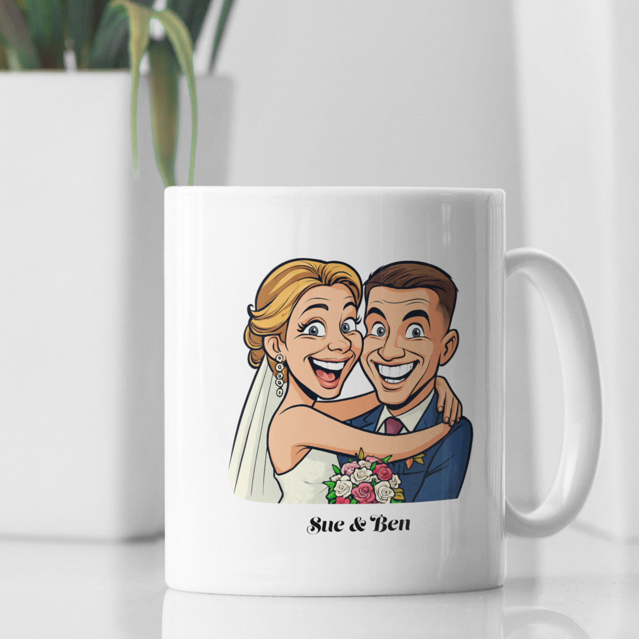Personalisierte Keramiktasse mit Namen und Karikatur, humorvolles Comic-Design, ideal als Geschenk oder persönliche Tasse.