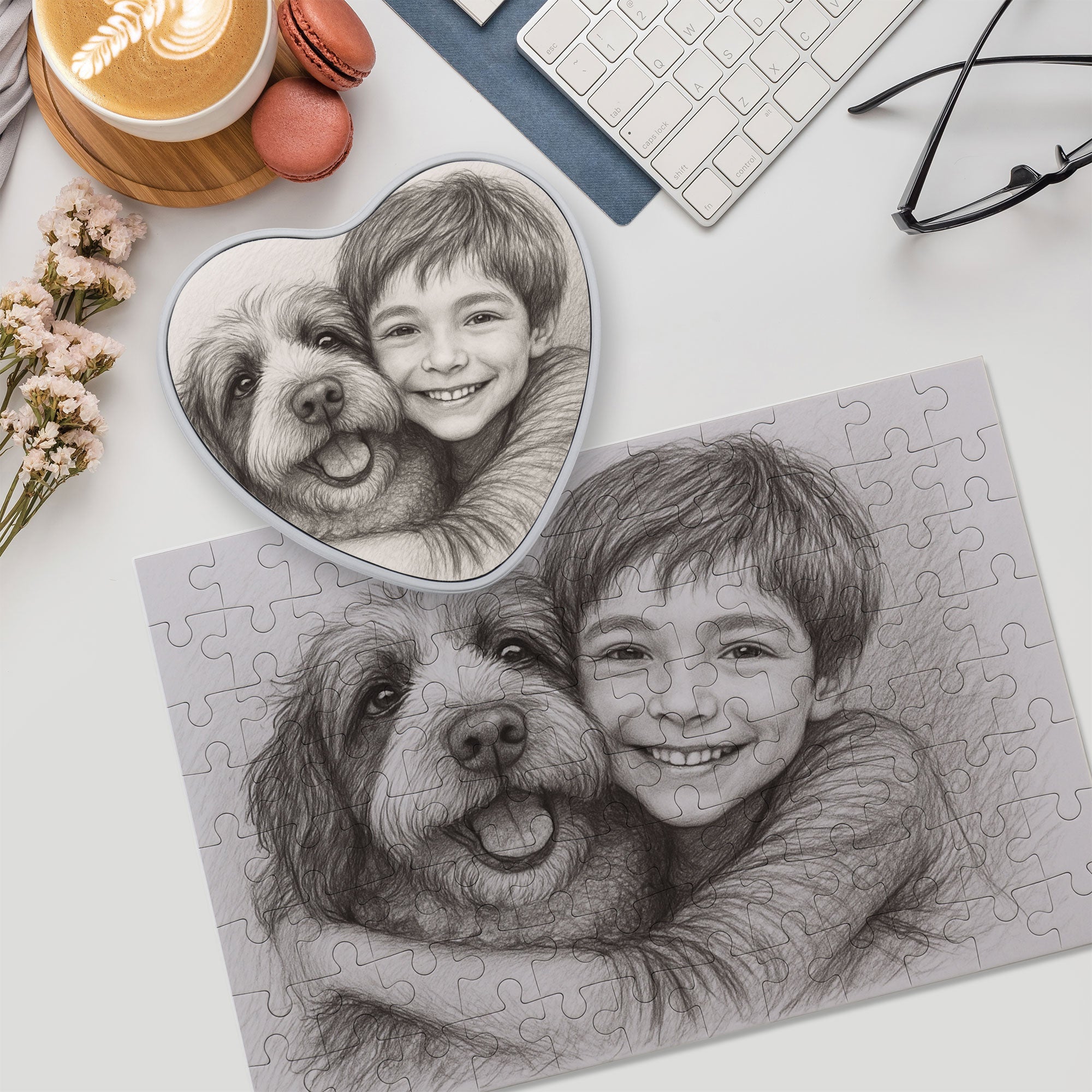 Puzzle mit Bleistiftzeichnung und individueller Gestaltung, inklusive Herzdose, 96 Teile, von aufkleberdrucker.de