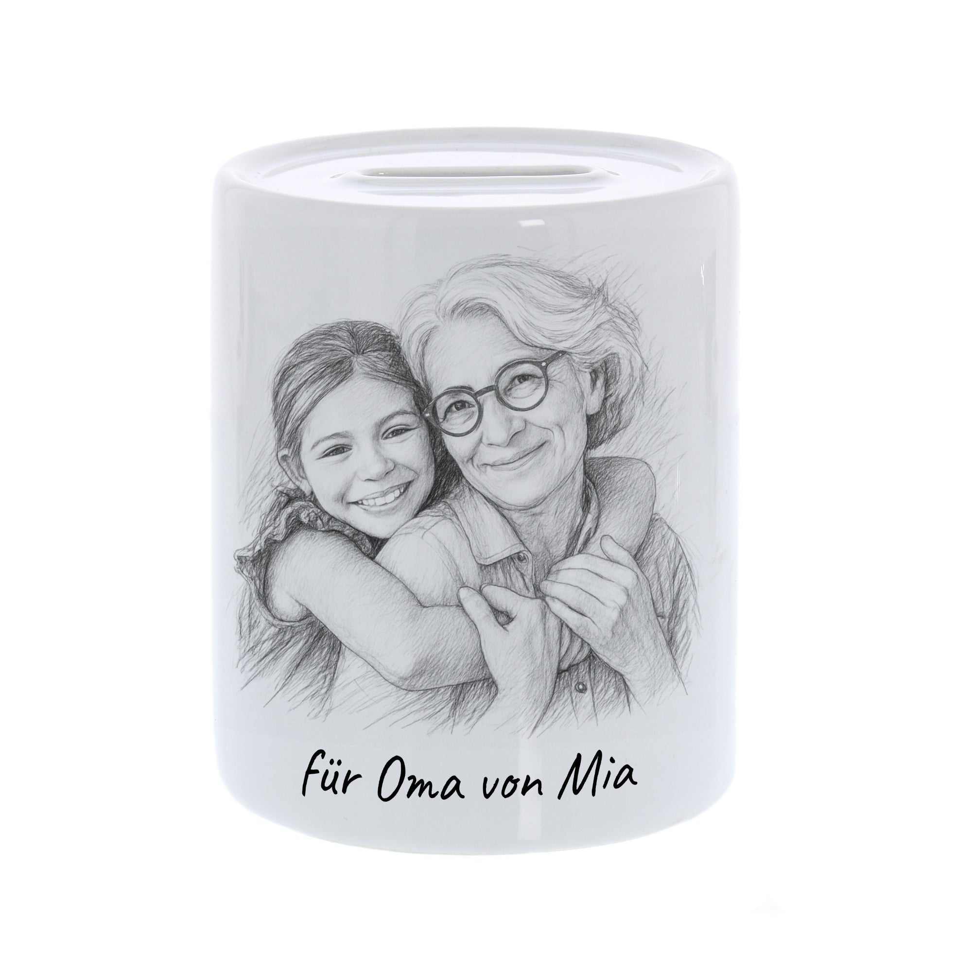 Spardose mit Bleistiftzeichnung und Individualisierung - aufkleberdrucker.de