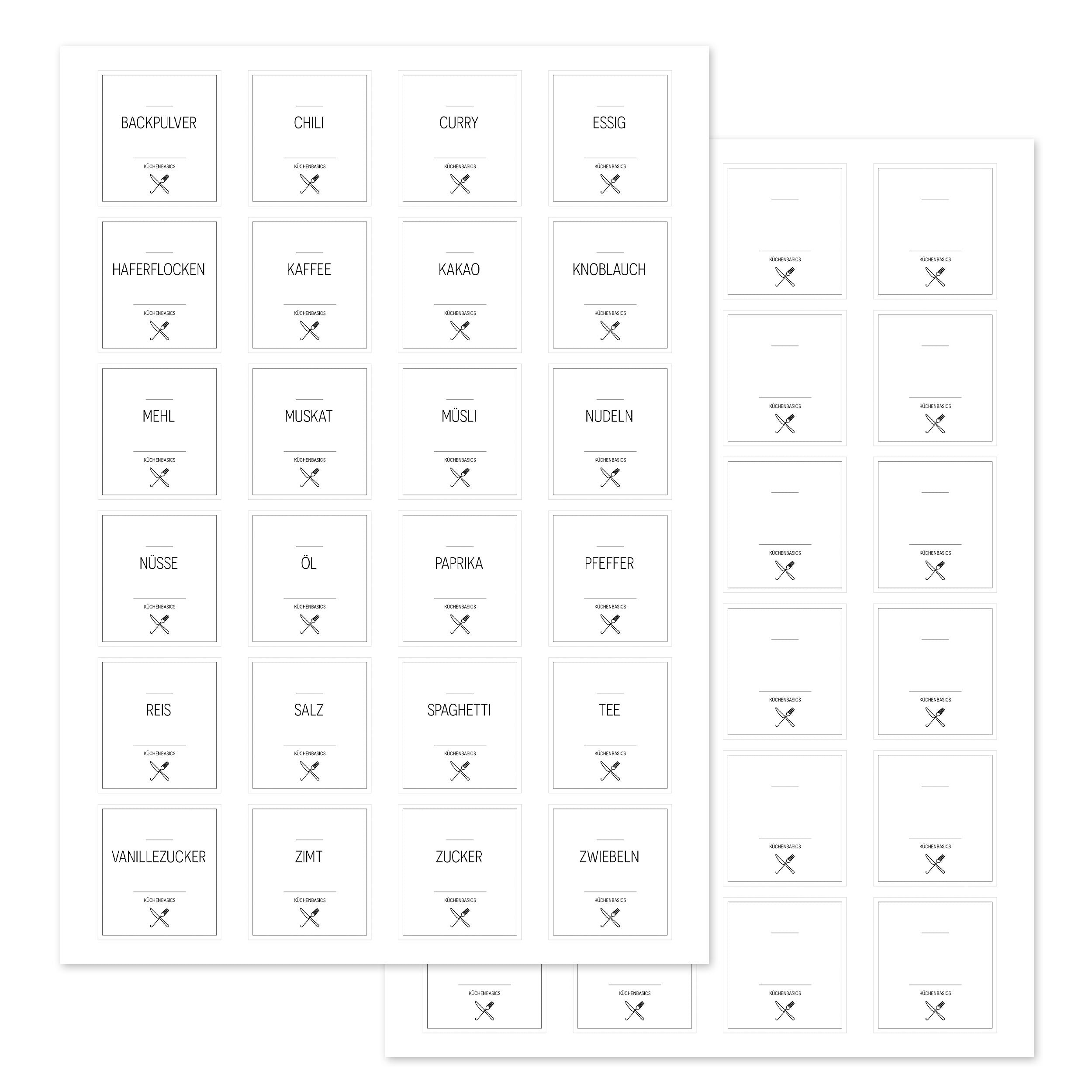 Weiße, eckige Küchenaufkleber im Set mit 48 Stück, ideal für die Küchenorganisation und Dekoration.