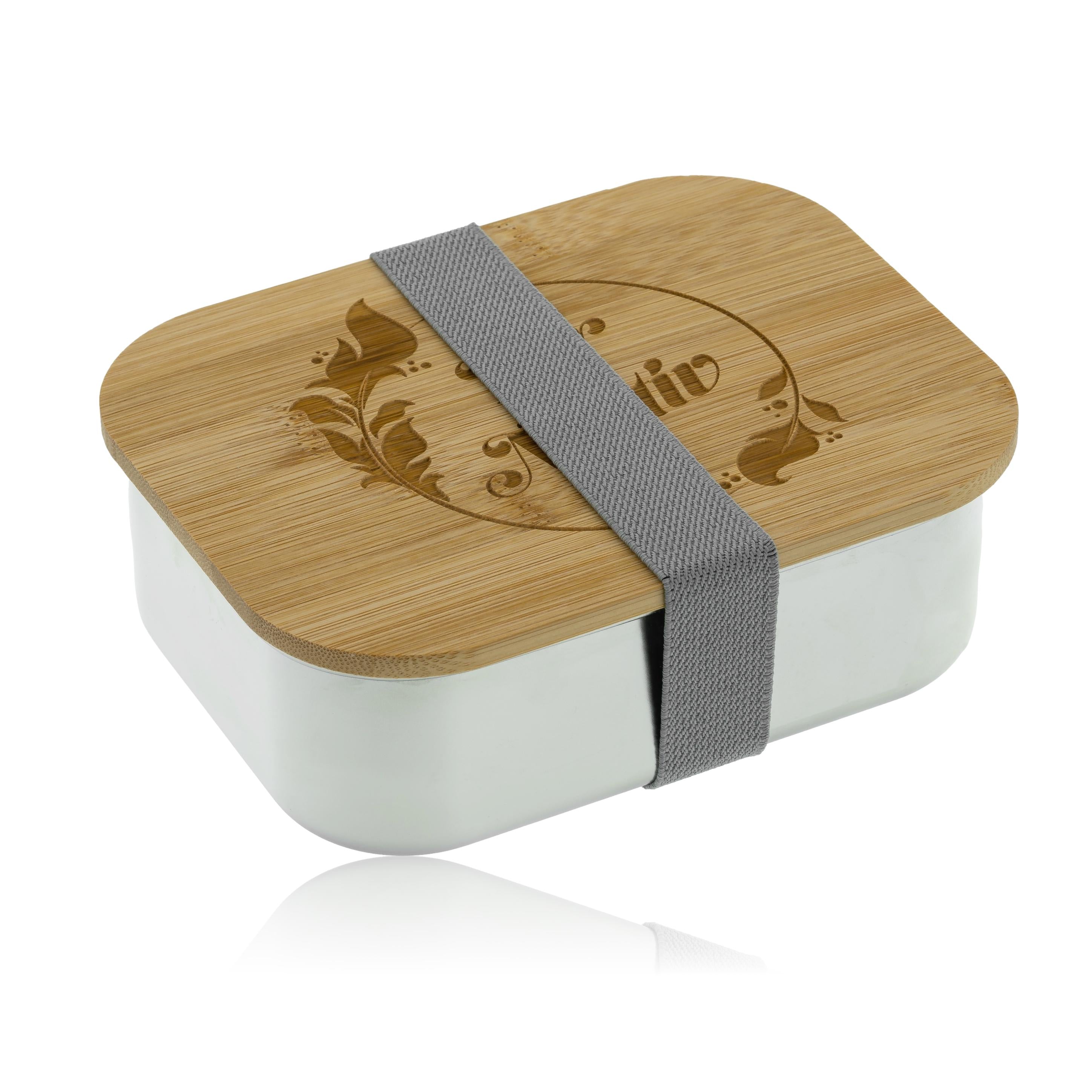 Edelstahl Lunchbox mit Bambusdeckel und Verschluss, individuell graviert, ideal für Kinder, von kinder-druckerei.de