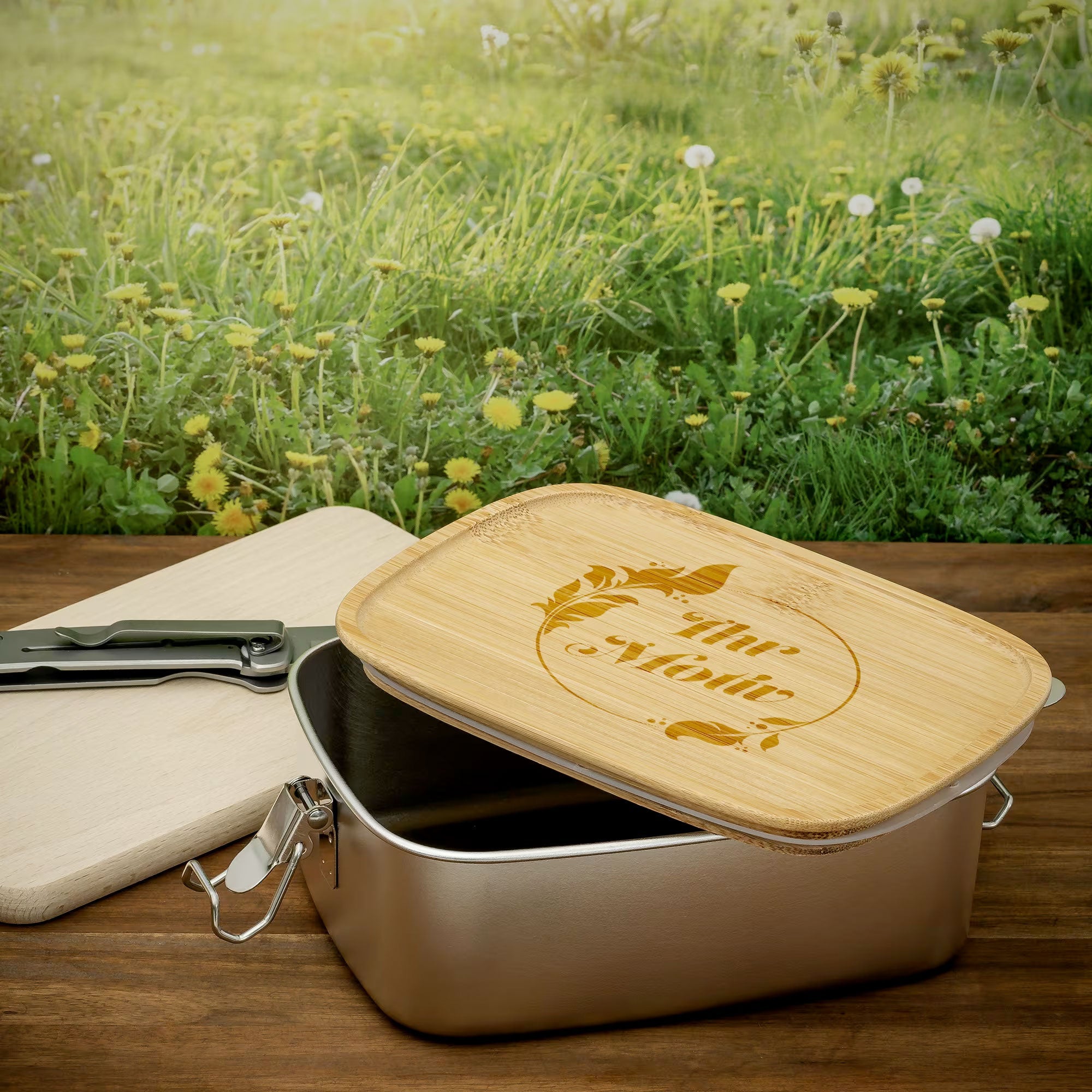 Edelstahl-Lunchbox mit Bambusdeckel und Verschluss, individuell graviert, ideal für Kinder, langlebiges und umweltfreundliches Design