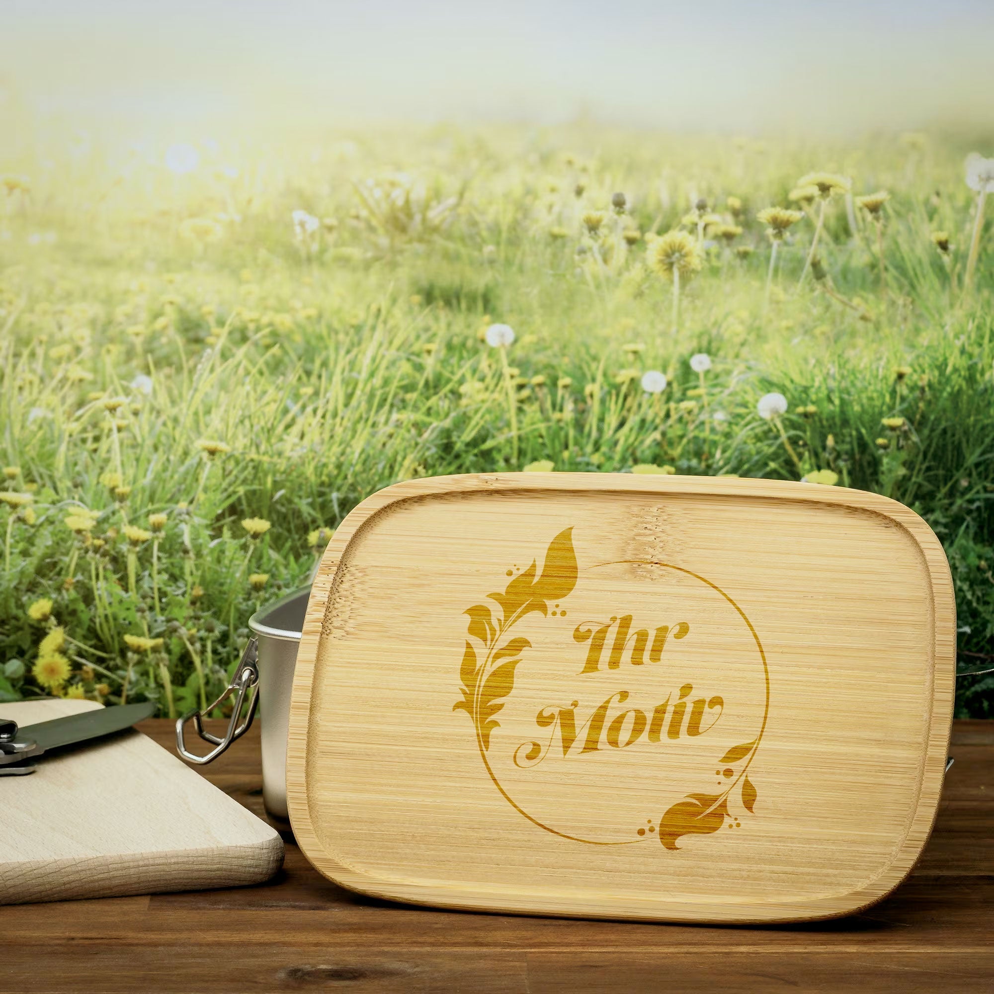 Edelstahl-Lunchbox mit Bambusdeckel und Verschluss, inklusive Gravur, ideal für Mittagessen und umweltfreundliche Aufbewahrung