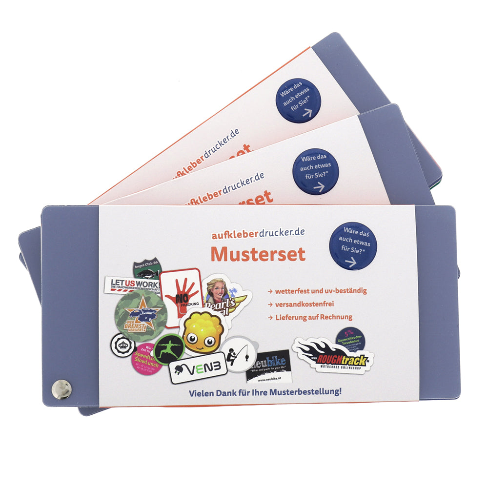 Verschiedene Aufkleber mit Mustern im Musterset Standard von aufkleberdrucker.de, perfekt für Firmenkunden, auf weißem Hintergrund.