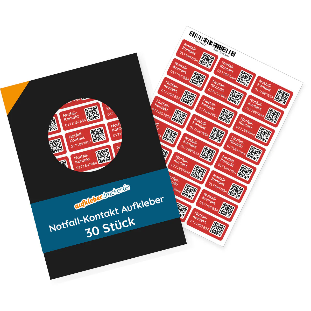 Starker Notfallkontakt-Aufkleber mit Telefonnummer und QR-Code, 30x13 mm, aufkleberdrucker.de, für schnelle Notfalldaten.