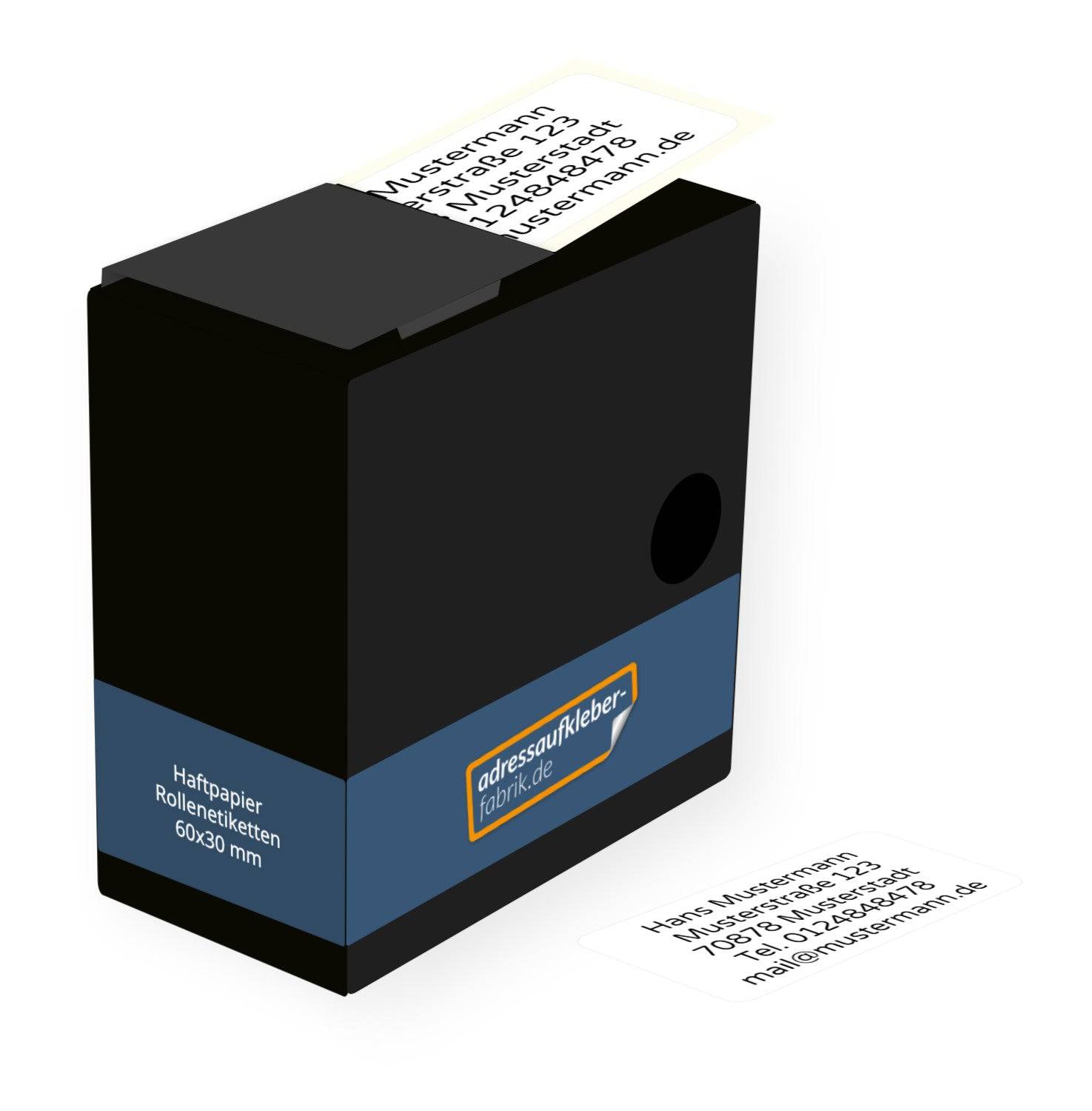 Adressaufkleber im Spenderkarton, 60x30mm, von adressaufkleber-fabrik.de, Rollenetiketten auf Rolle für Adresszwecke