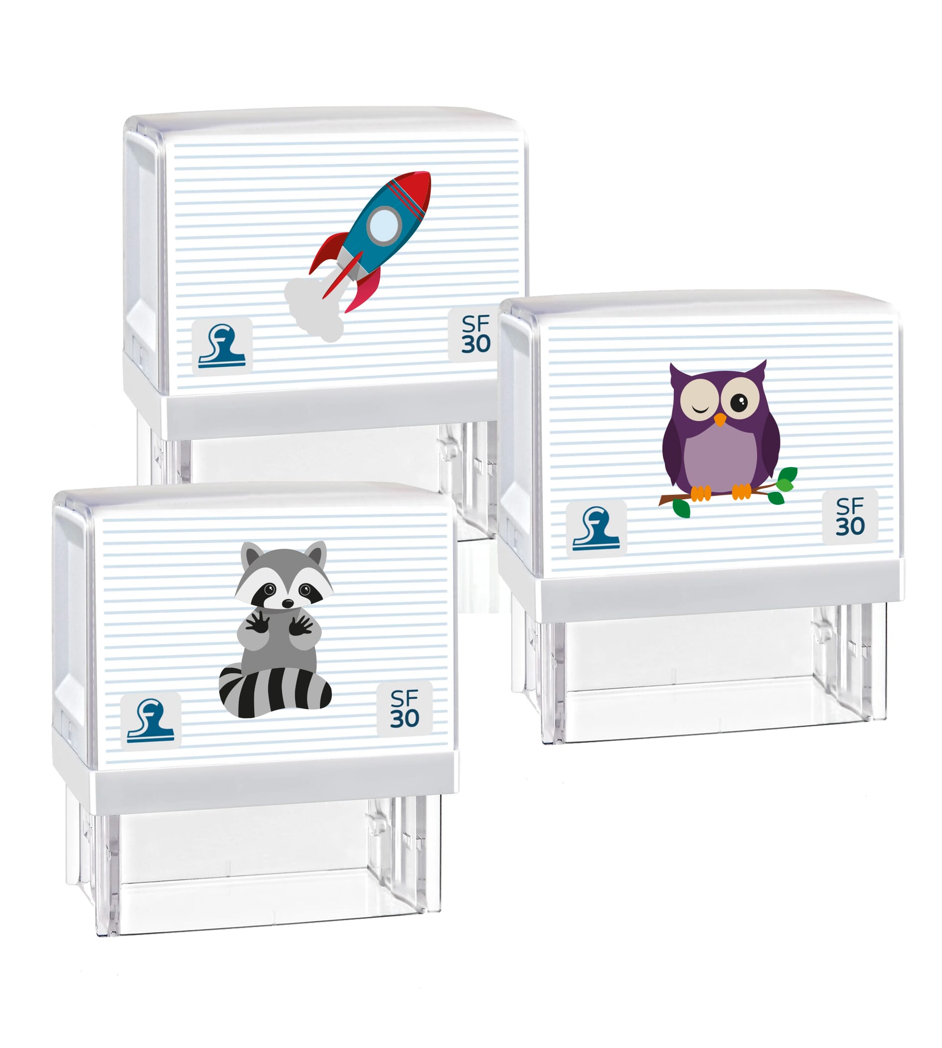 Kinderstempel mit 5 Zeilen, Motiv, Namen und Adresse, 47x18 mm, von stempel-fabrik.de, auf weißem Hintergrund sichtbar